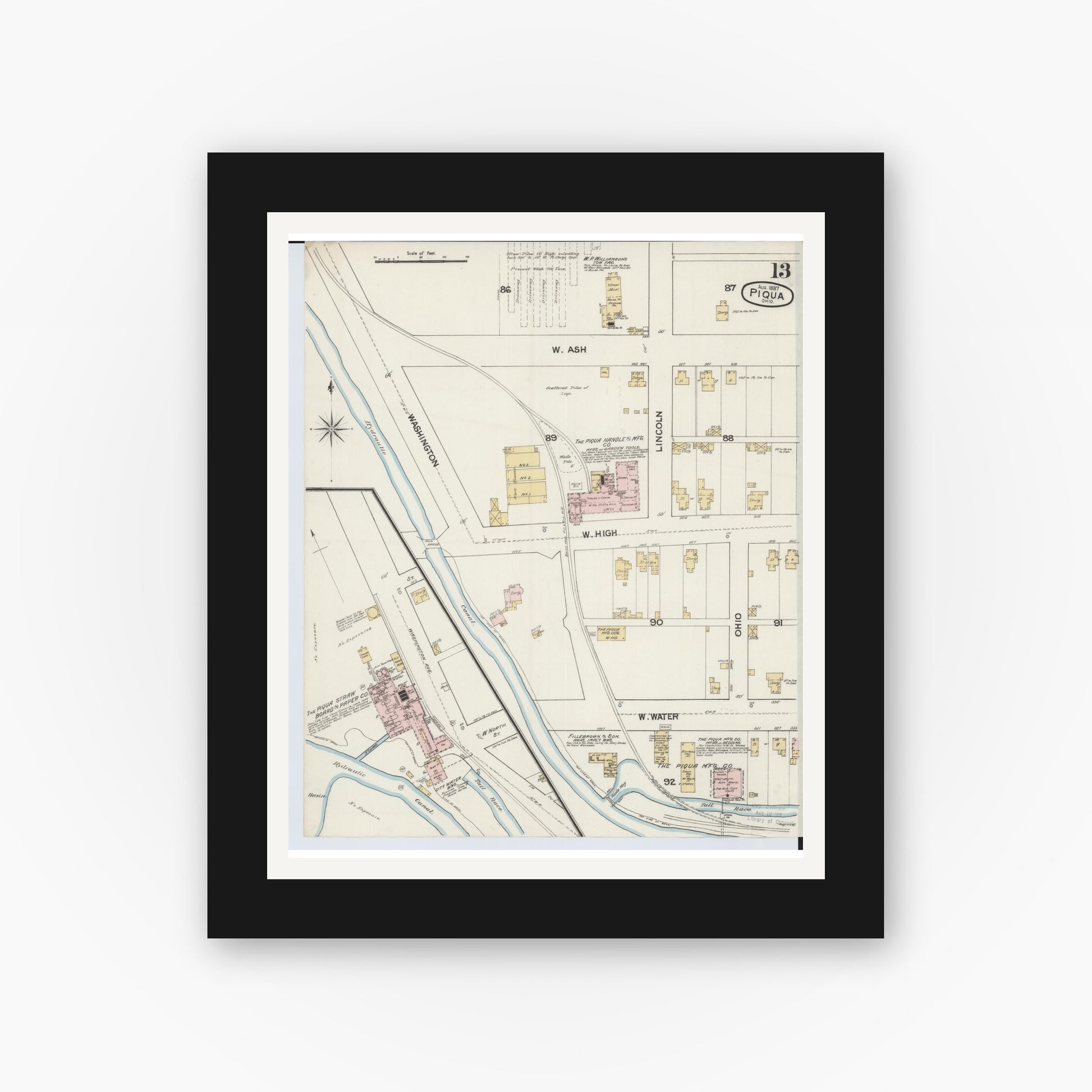 Old map wall art mockup — black gallery frame with white mat — Sanborn Fire Insurance Map from Piqua, Miami County, Ohio (1887), Sheet #0013