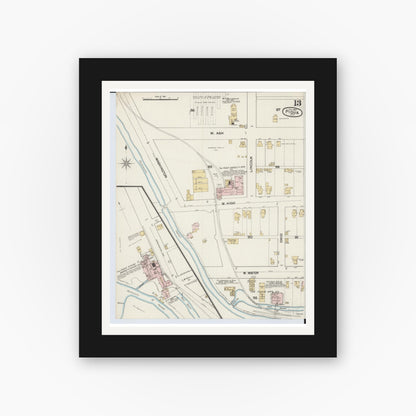 Old map wall art mockup — black gallery frame with white mat — Sanborn Fire Insurance Map from Piqua, Miami County, Ohio (1887), Sheet #0013