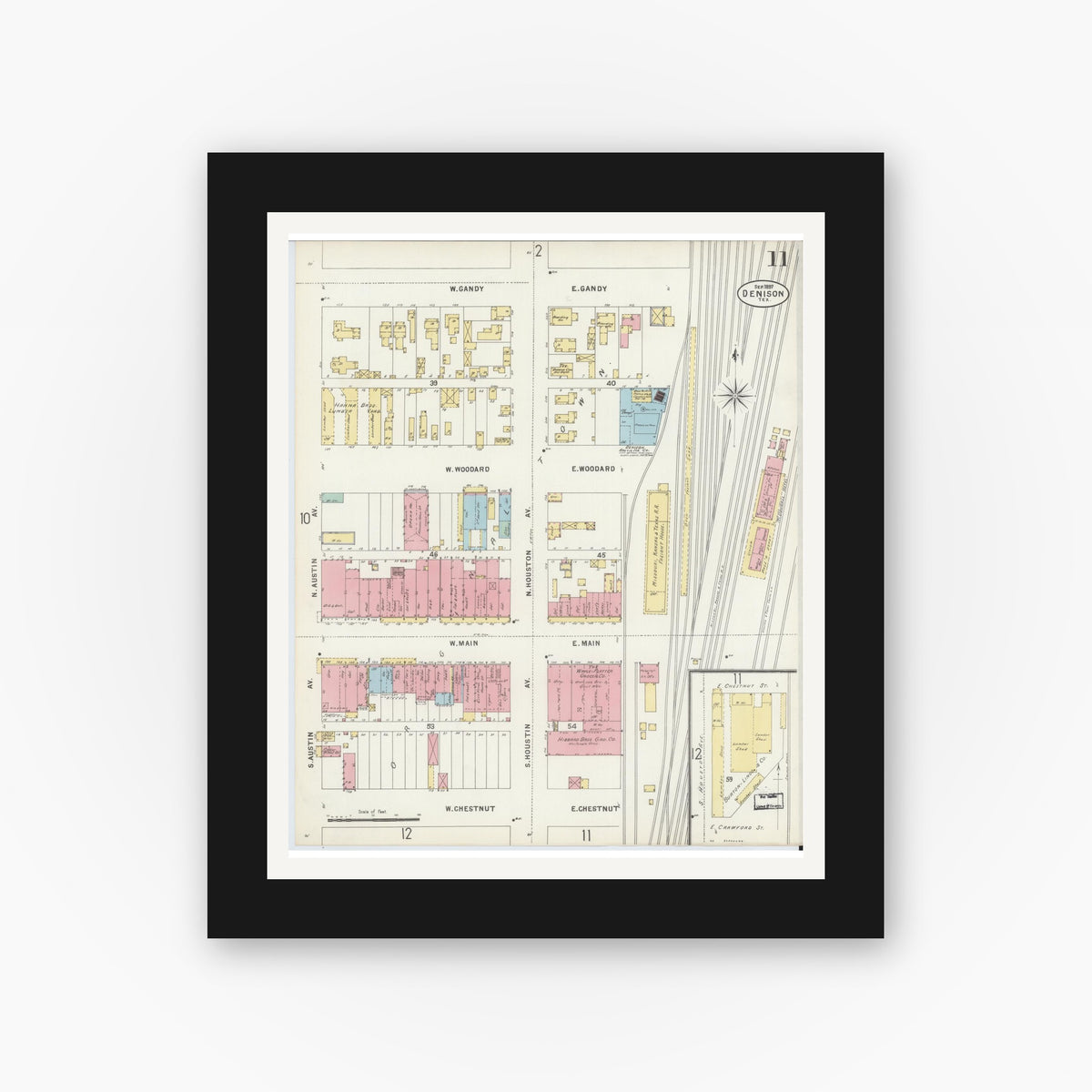 Old map wall art mockup — black gallery frame with white mat — Sanborn Fire Insurance Map from Denison, Grayson County, Texas (1897), Sheet #0011