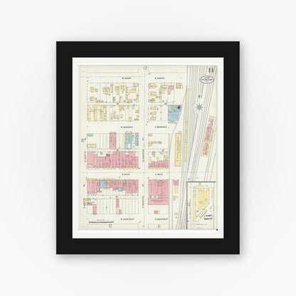 Old map wall art mockup — black gallery frame with white mat — Sanborn Fire Insurance Map from Denison, Grayson County, Texas (1897), Sheet #0011