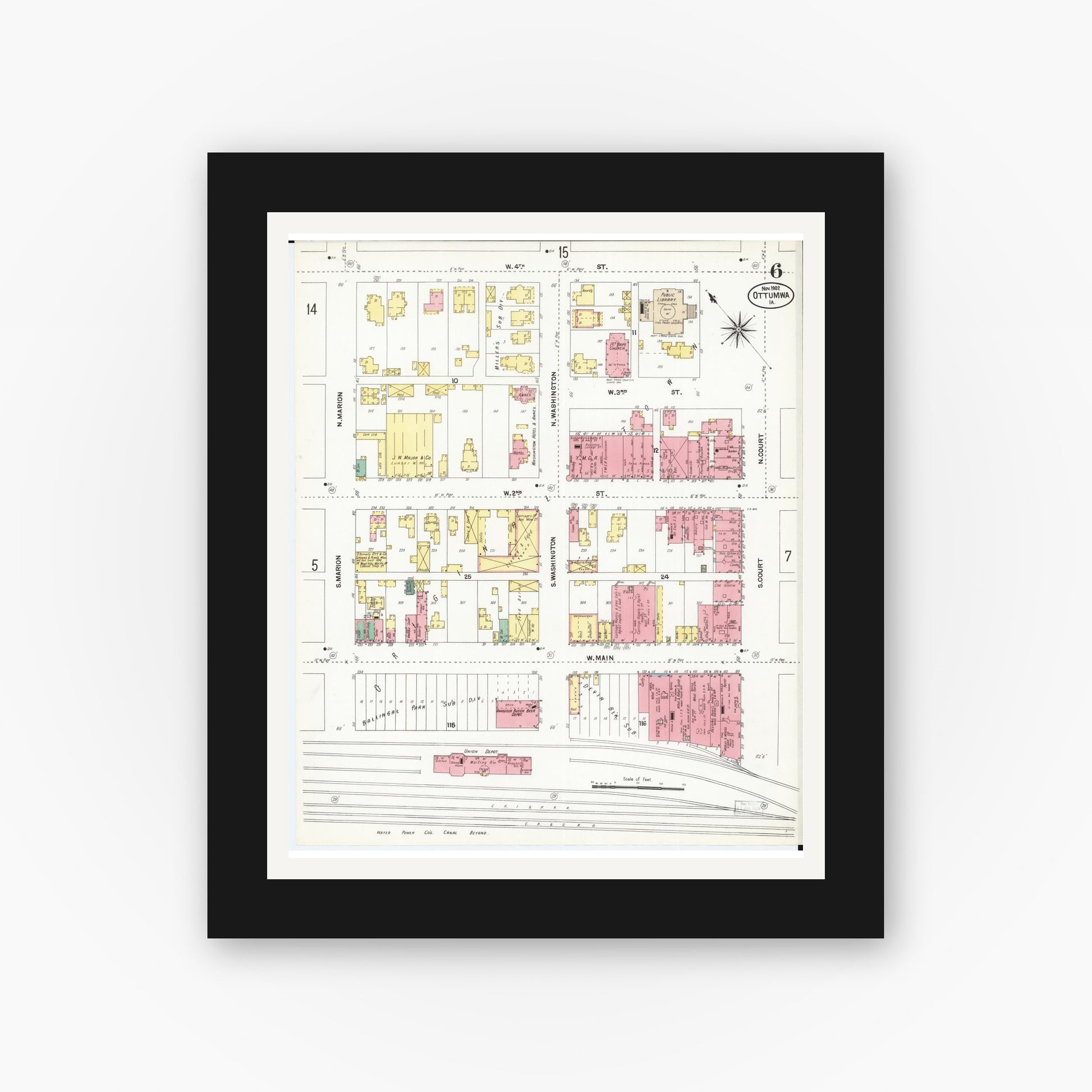Old map wall art mockup — black gallery frame with white mat — Sanborn Fire Insurance Map from Ottumwa, Wapello County, Iowa (1902), Sheet #0006