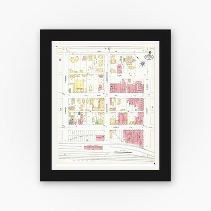Old map wall art mockup — black gallery frame with white mat — Sanborn Fire Insurance Map from Ottumwa, Wapello County, Iowa (1902), Sheet #0006