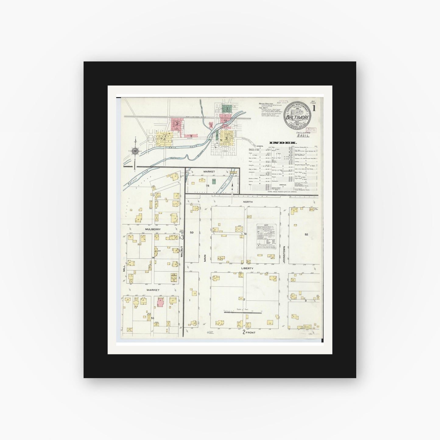 Old map wall art mockup — black gallery frame with white mat — Sanborn Fire Insurance Map from Baltimore, Fairfield County, Ohio (1910), Sheet #0001