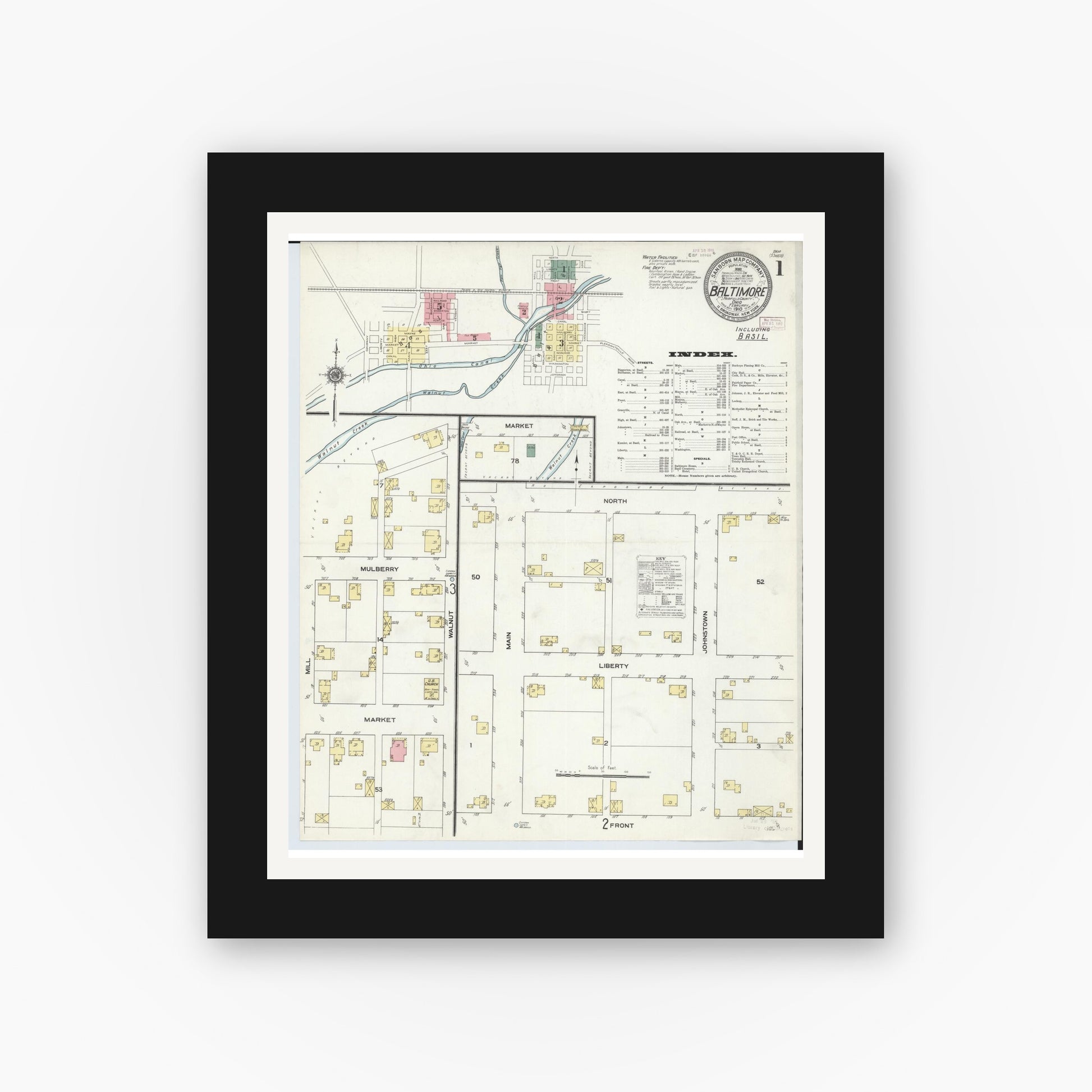 Old map wall art mockup — black gallery frame with white mat — Sanborn Fire Insurance Map from Baltimore, Fairfield County, Ohio (1910), Sheet #0001