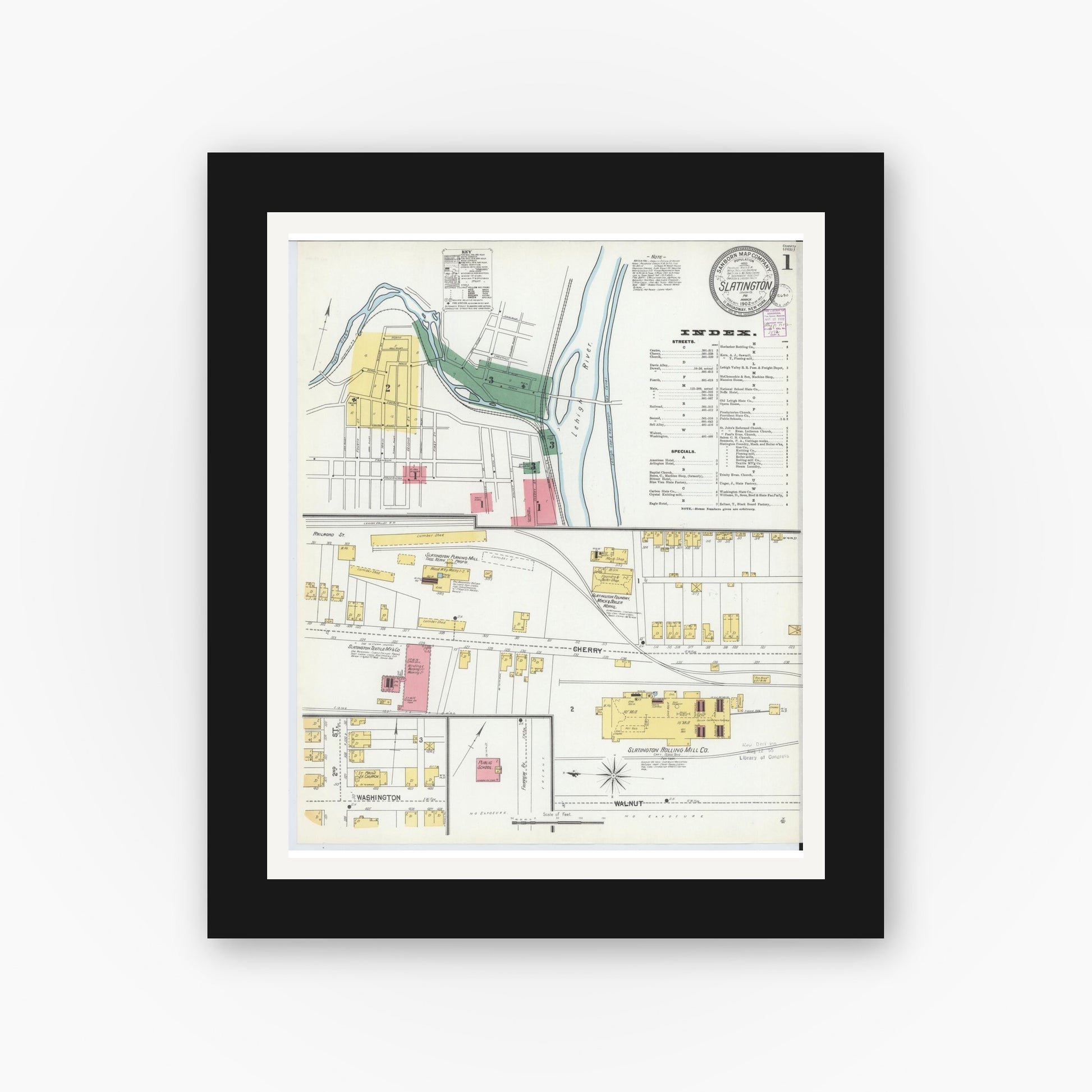 Old map wall art mockup — black gallery frame with white mat — Sanborn Fire Insurance Map from Slatington, Lehigh County, Pennsylvania (1902) - Complete Map Set