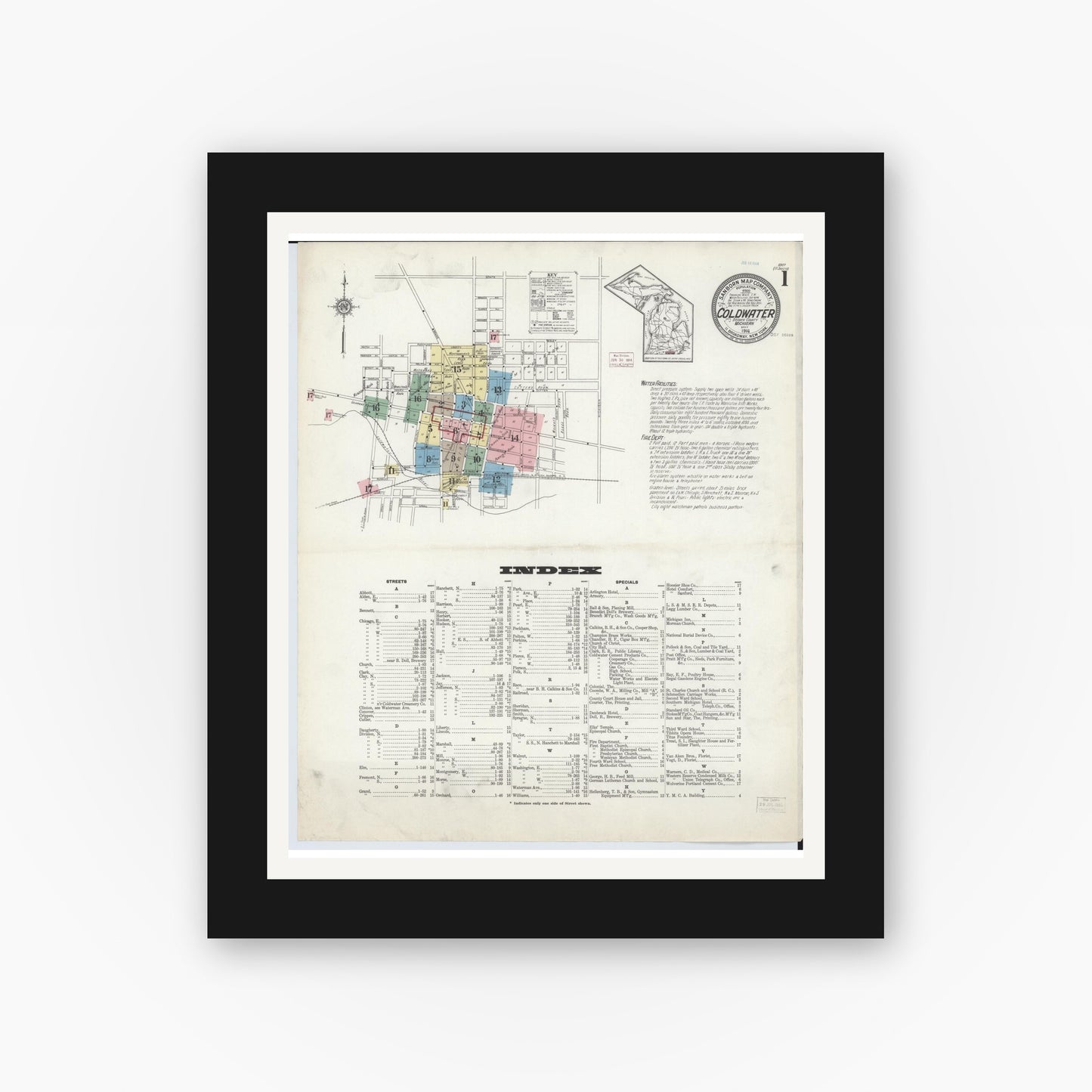 Old map wall art mockup — black gallery frame with white mat — Sanborn Fire Insurance Map from Coldwater, Branch County, Michigan (1914) - Complete Map Set