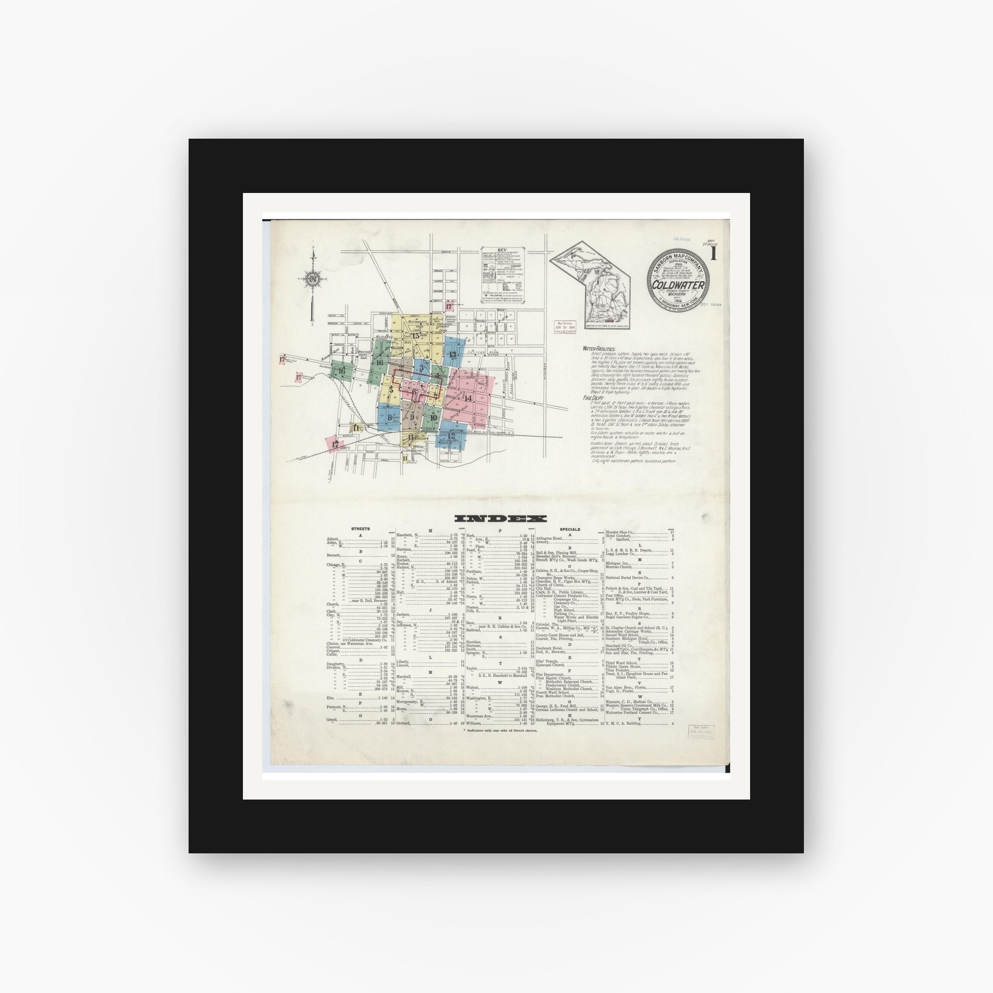 Old map wall art mockup — black gallery frame with white mat — Sanborn Fire Insurance Map from Coldwater, Branch County, Michigan (1914) - Complete Map Set