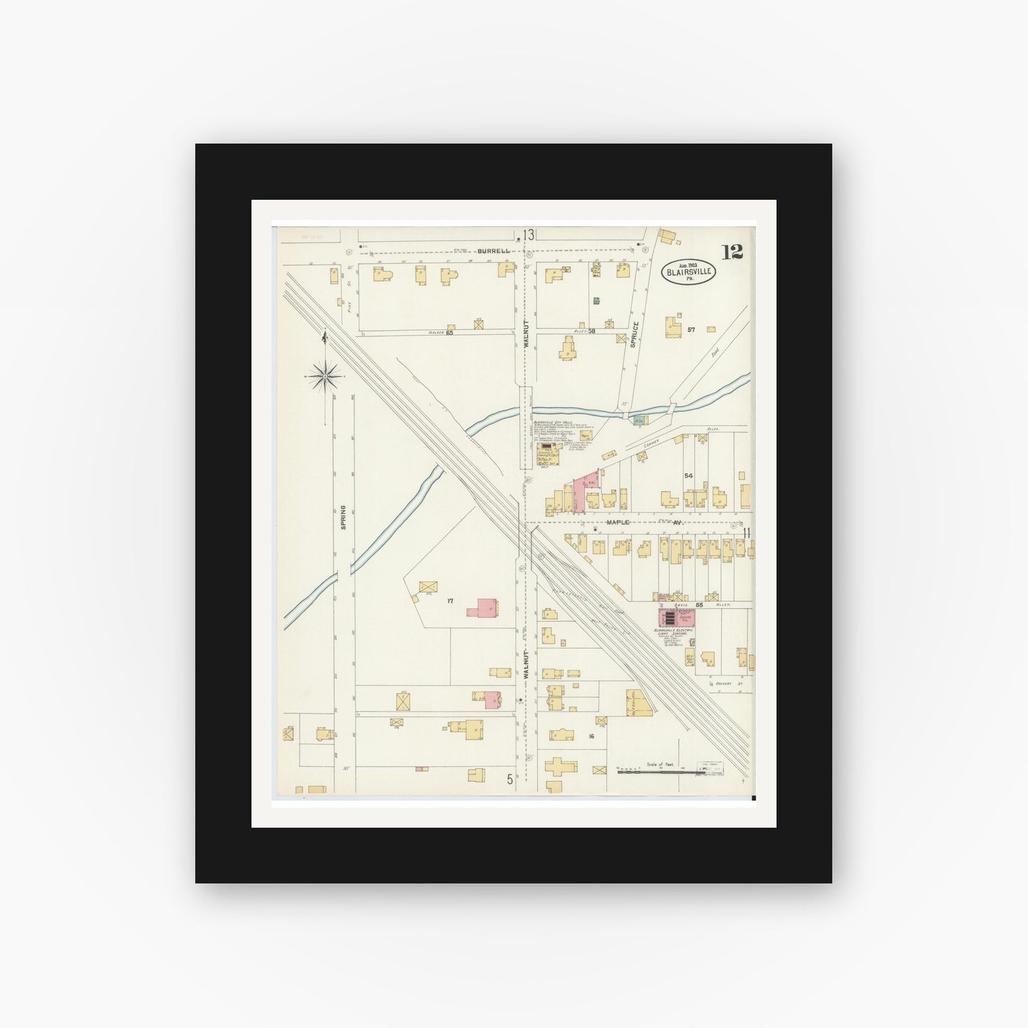 Old map wall art mockup — black gallery frame with white mat — Sanborn Fire Insurance Map from Blairsville, Indiana County, Pennsylvania (1903), Sheet #0012