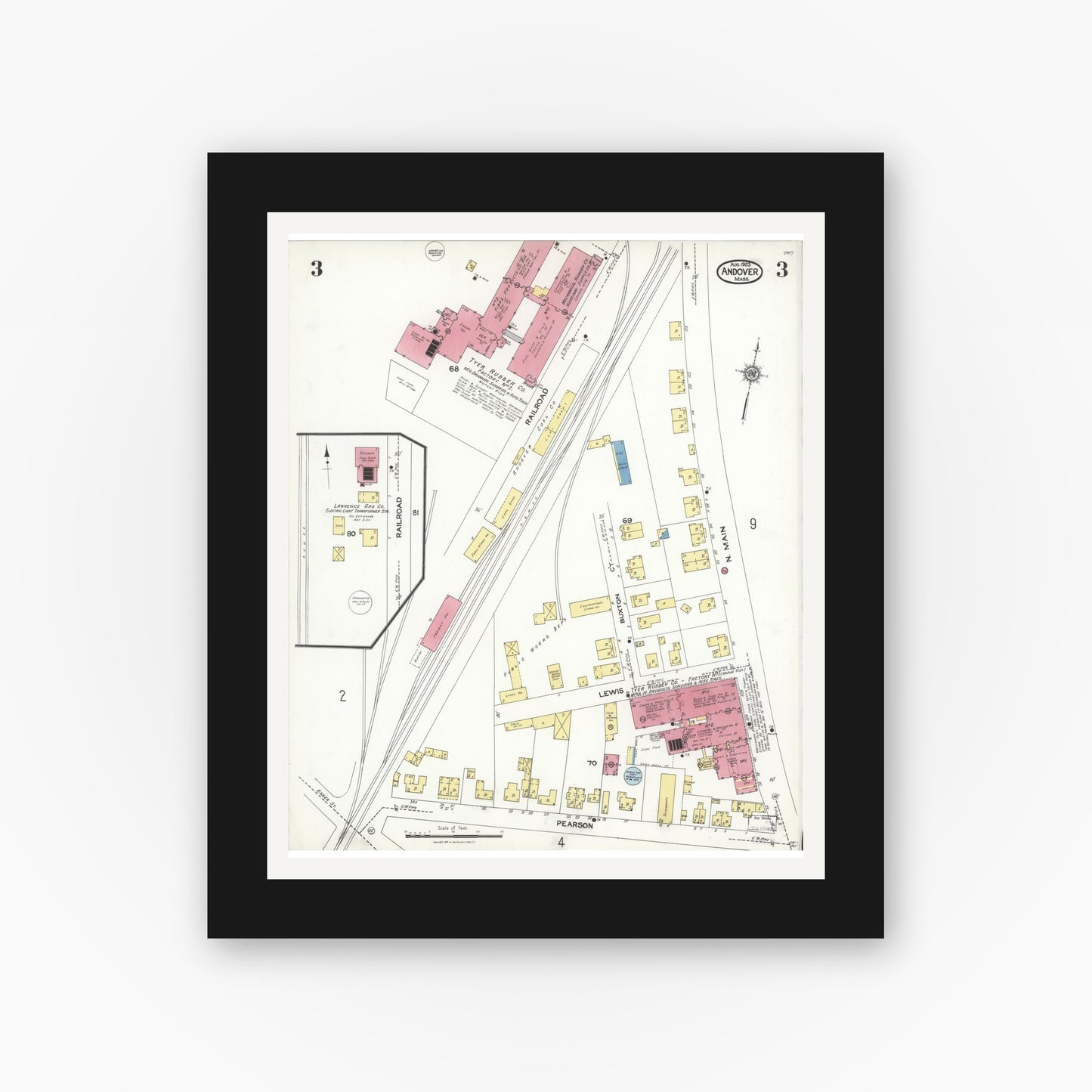 Old map wall art mockup — black gallery frame with white mat — Sanborn Fire Insurance Map from Andover, Essex County, Massachusetts (1923), Sheet #0003