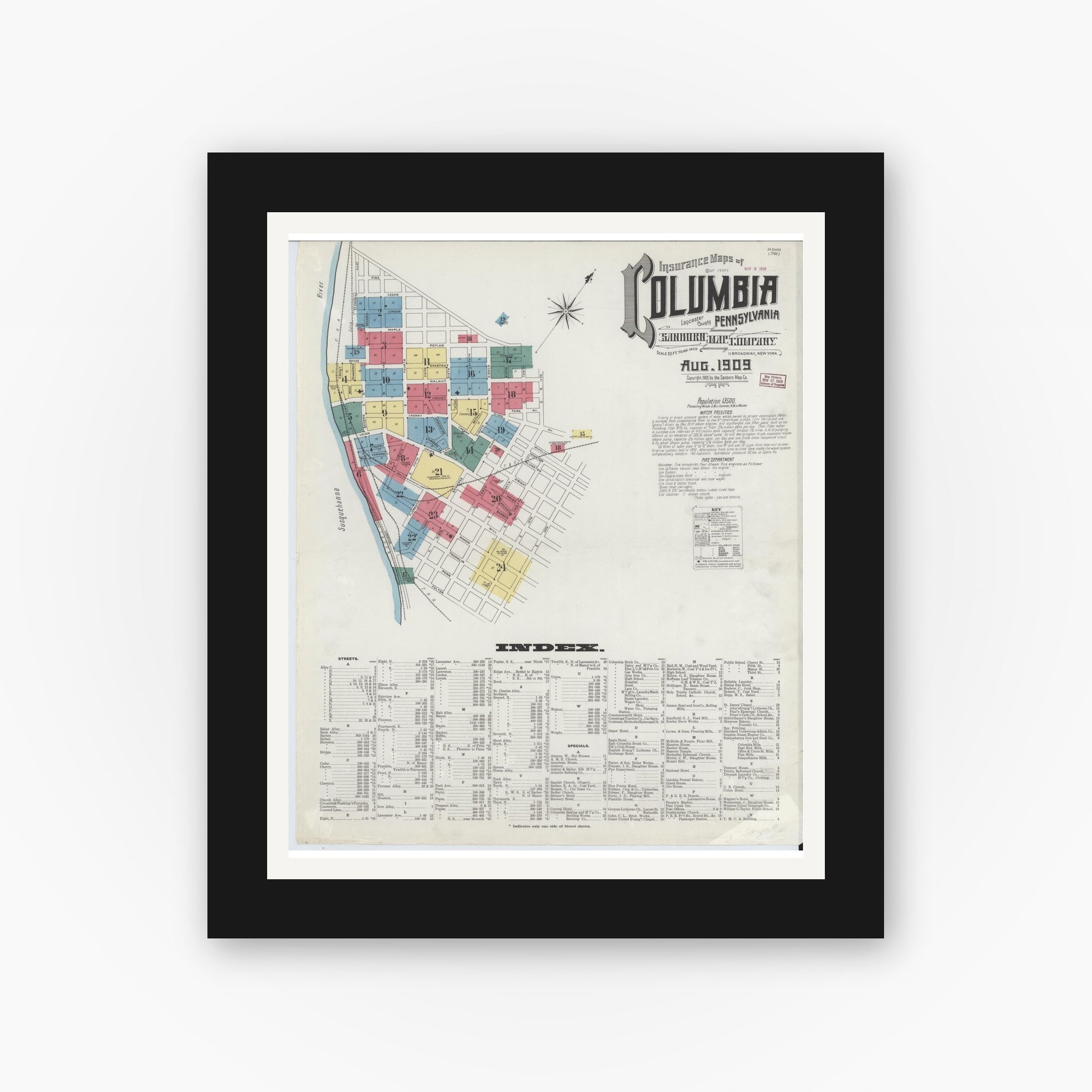 Old map wall art mockup — black gallery frame with white mat — Sanborn Fire Insurance Map from Columbia, Lancaster County, Pennsylvania (1909), Sheet #0001