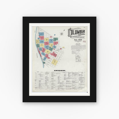 Old map wall art mockup — black gallery frame with white mat — Sanborn Fire Insurance Map from Columbia, Lancaster County, Pennsylvania (1909), Sheet #0001