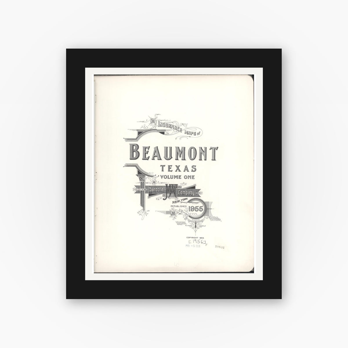 Old map wall art mockup — black gallery frame with white mat — Sanborn Fire Insurance Map from Beaumont, Jefferson County, Texas (1955), Sheet #0001