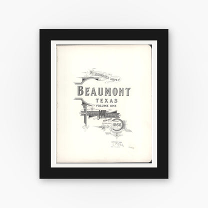 Old map wall art mockup — black gallery frame with white mat — Sanborn Fire Insurance Map from Beaumont, Jefferson County, Texas (1955), Sheet #0001