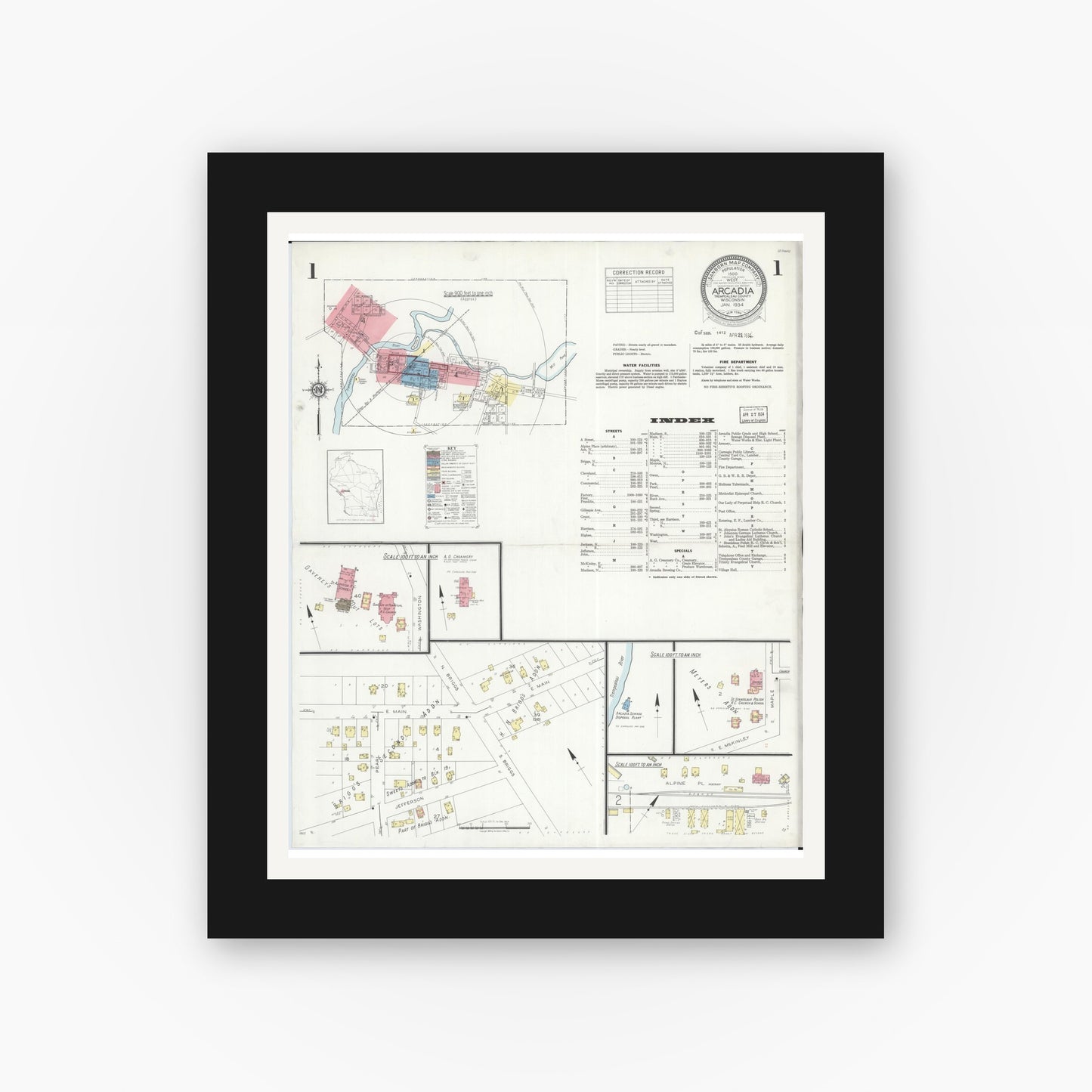Old map wall art mockup — black gallery frame with white mat — Sanborn Fire Insurance Map from Arcadia, Trempealeau County, Wisconsin (1934) - Complete Map Set