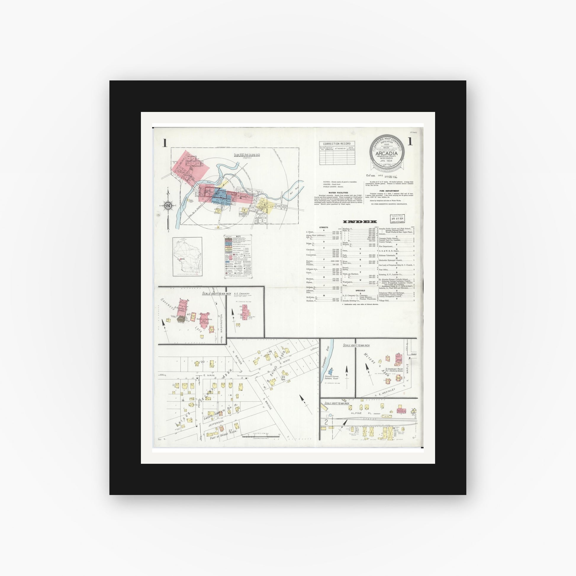 Old map wall art mockup — black gallery frame with white mat — Sanborn Fire Insurance Map from Arcadia, Trempealeau County, Wisconsin (1934) - Complete Map Set
