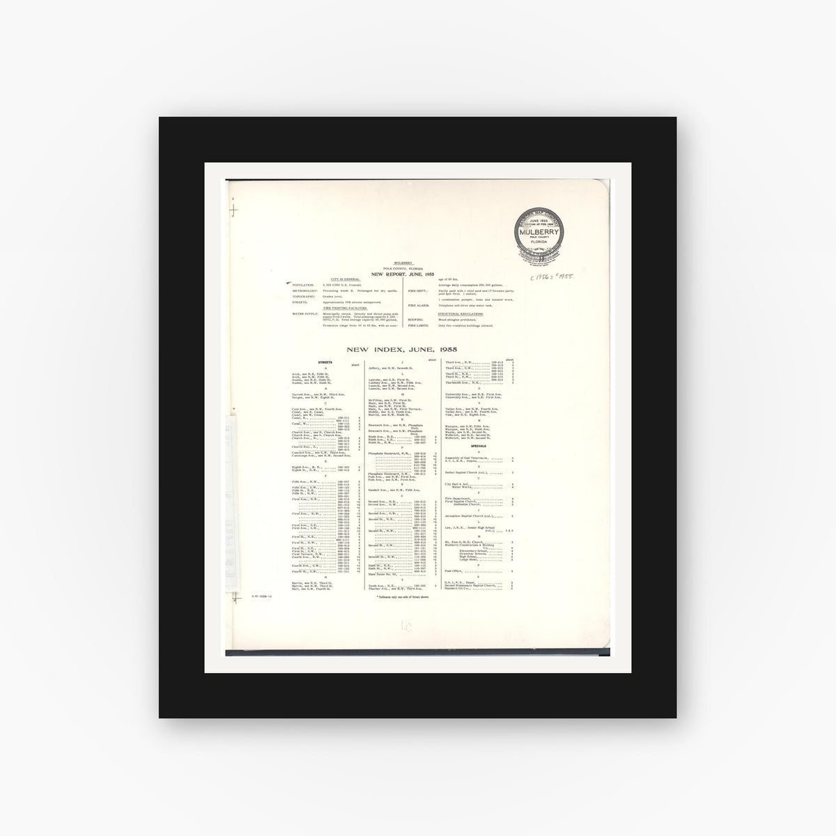 Old map wall art mockup — black gallery frame with white mat — Sanborn Fire Insurance Map from Mulberry, Polk County, Florida (1955), Sheet #0001