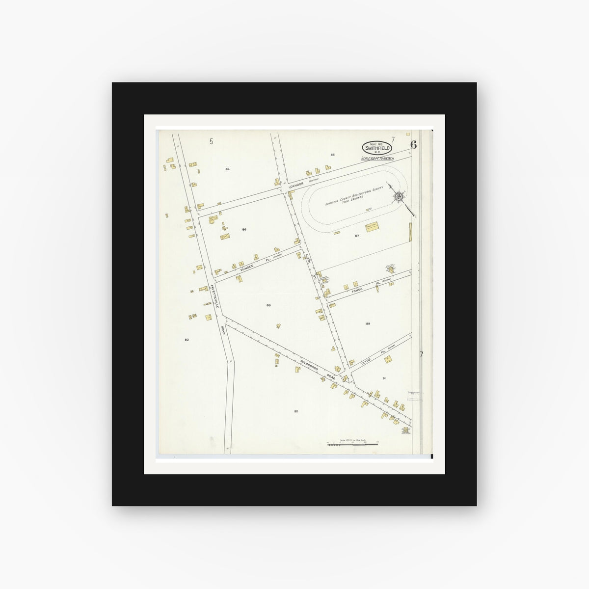 Old map wall art mockup — black gallery frame with white mat — Sanborn Fire Insurance Map from Smithfield, Johnston County, North Carolina (1915), Sheet #0006