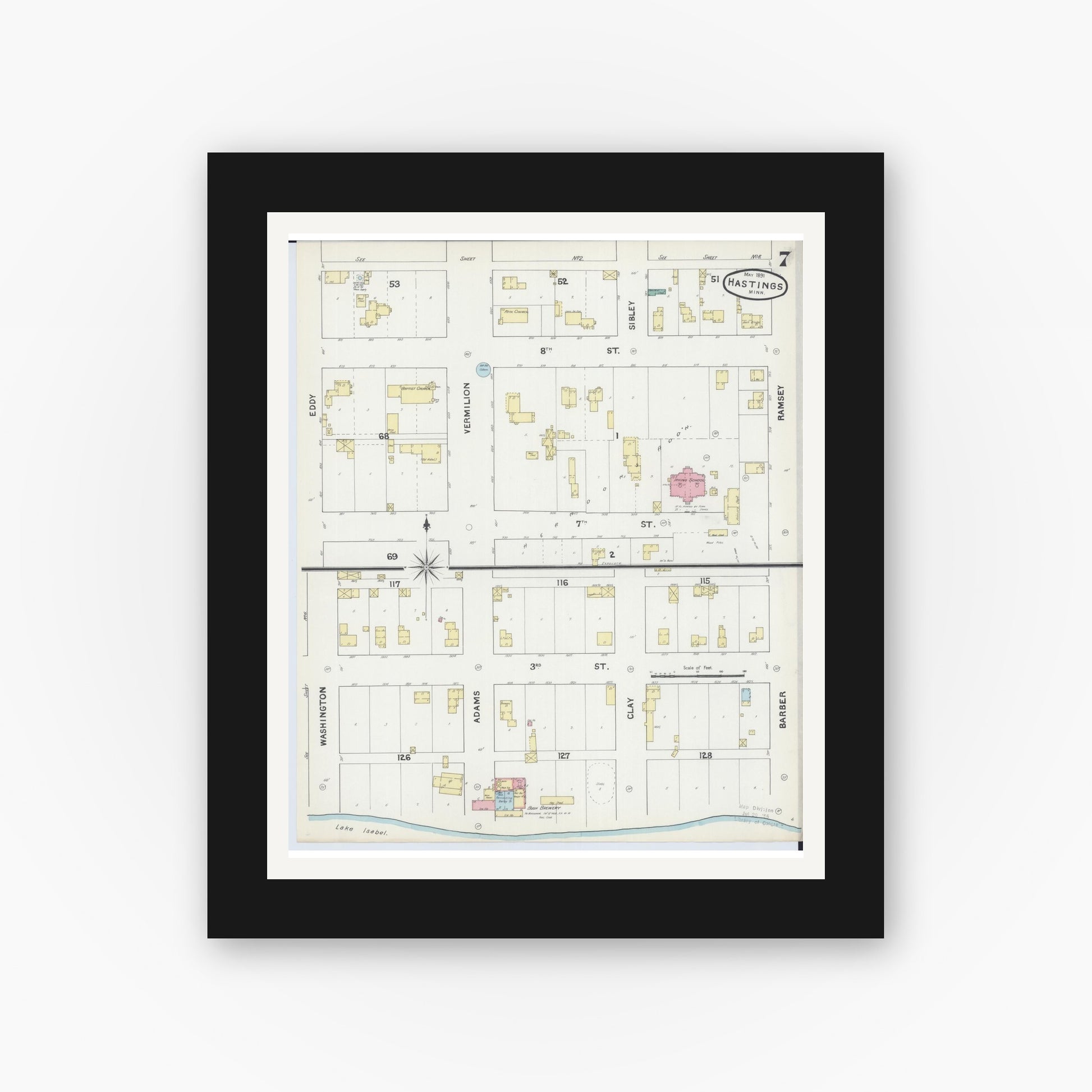 Old map wall art mockup — black gallery frame with white mat — Sanborn Fire Insurance Map from Hastings, Dakota County, Minnesota (1891), Sheet #0007