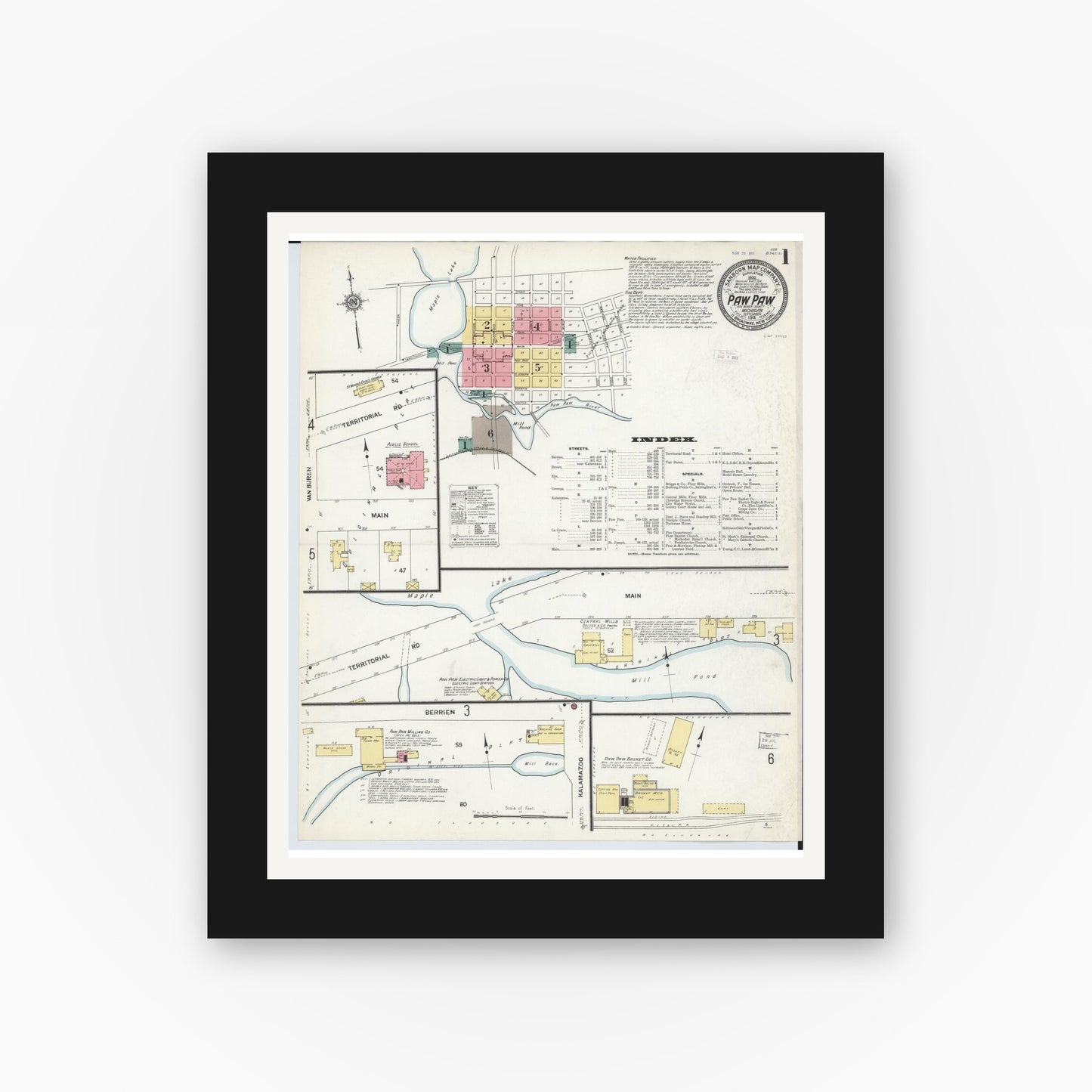 Old map wall art mockup — black gallery frame with white mat — Sanborn Fire Insurance Map from Paw Paw, Van Buren County, Michigan (1911) - Complete Map Set