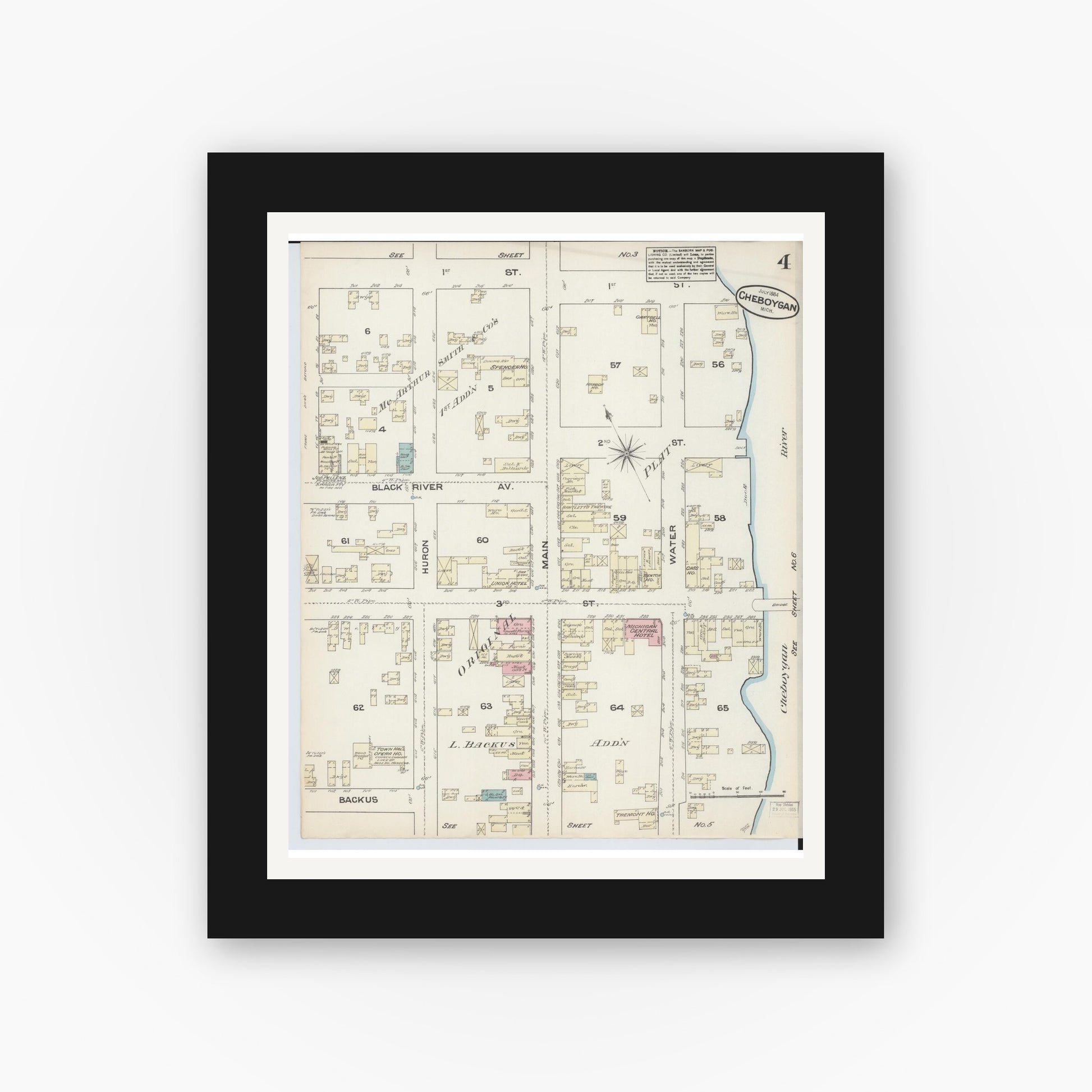 Old map wall art mockup — black gallery frame with white mat — Sanborn Fire Insurance Map from Cheboygan, Cheboygan County, Michigan (1884), Sheet #0004