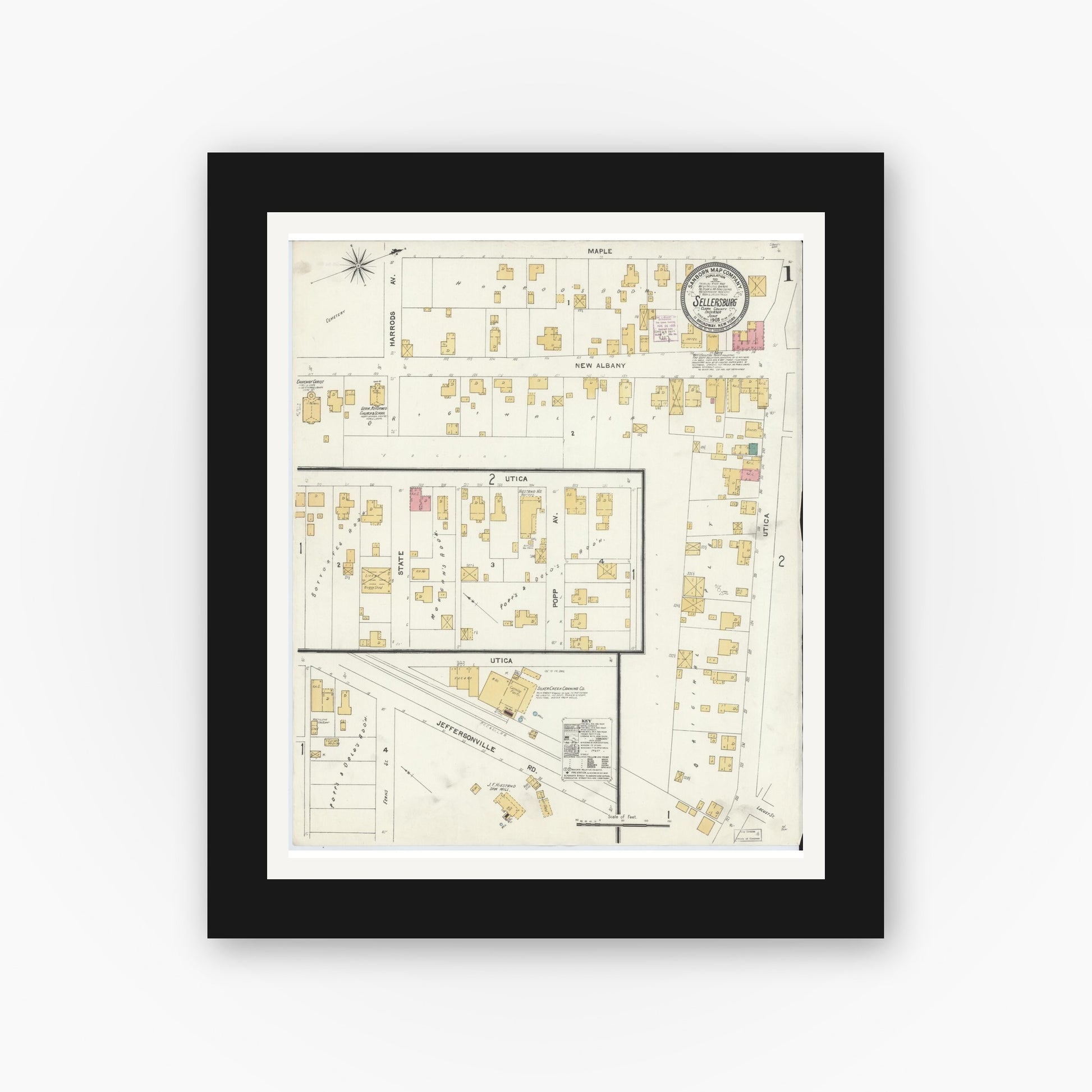 Old map wall art mockup — black gallery frame with white mat — Sanborn Fire Insurance Map from Sellersburg, Clark County, Indiana (1905) - Complete Map Set