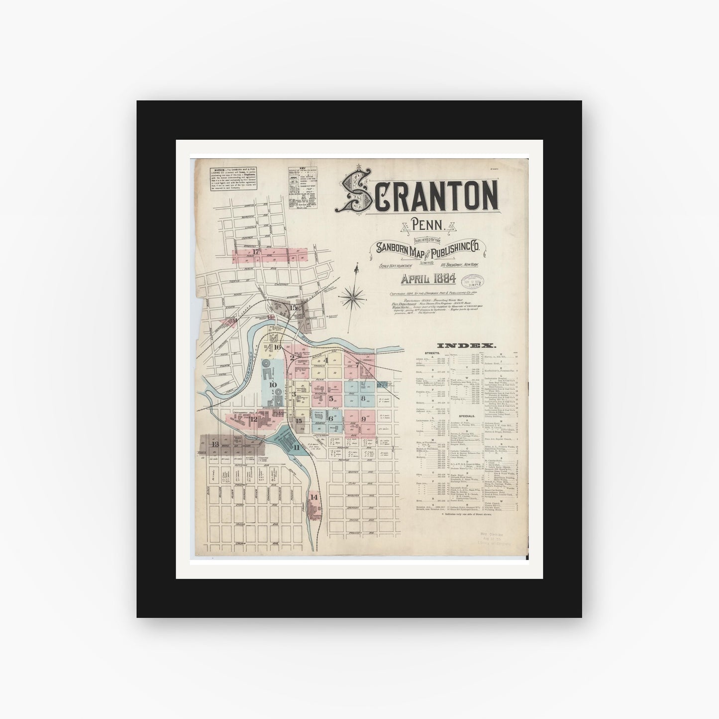 Old map wall art mockup — black gallery frame with white mat — Sanborn Fire Insurance Map from Scranton, Lackawanna County, Pennsylvania (1884), Sheet #0001