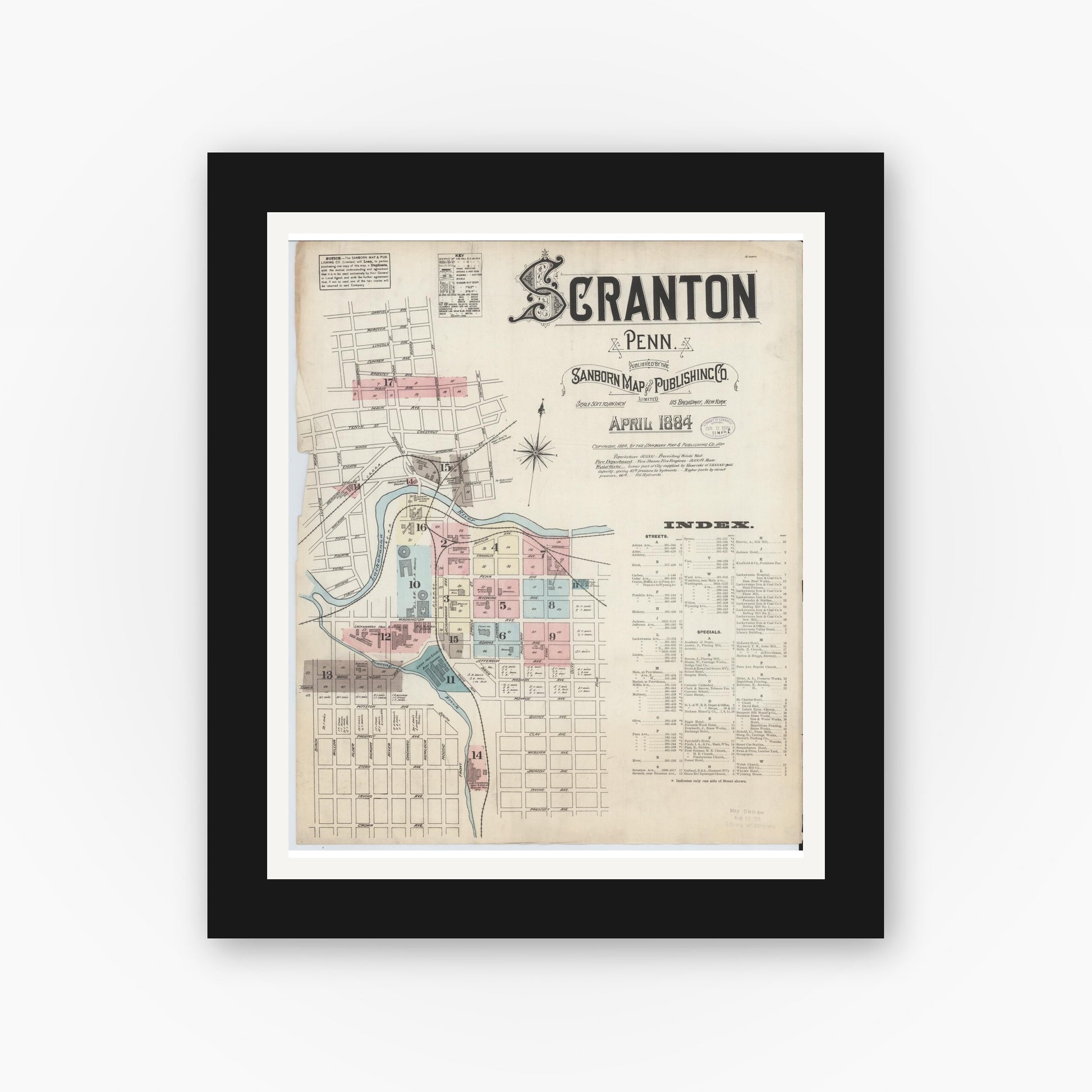 Old map wall art mockup — black gallery frame with white mat — Sanborn Fire Insurance Map from Scranton, Lackawanna County, Pennsylvania (1884), Sheet #0001
