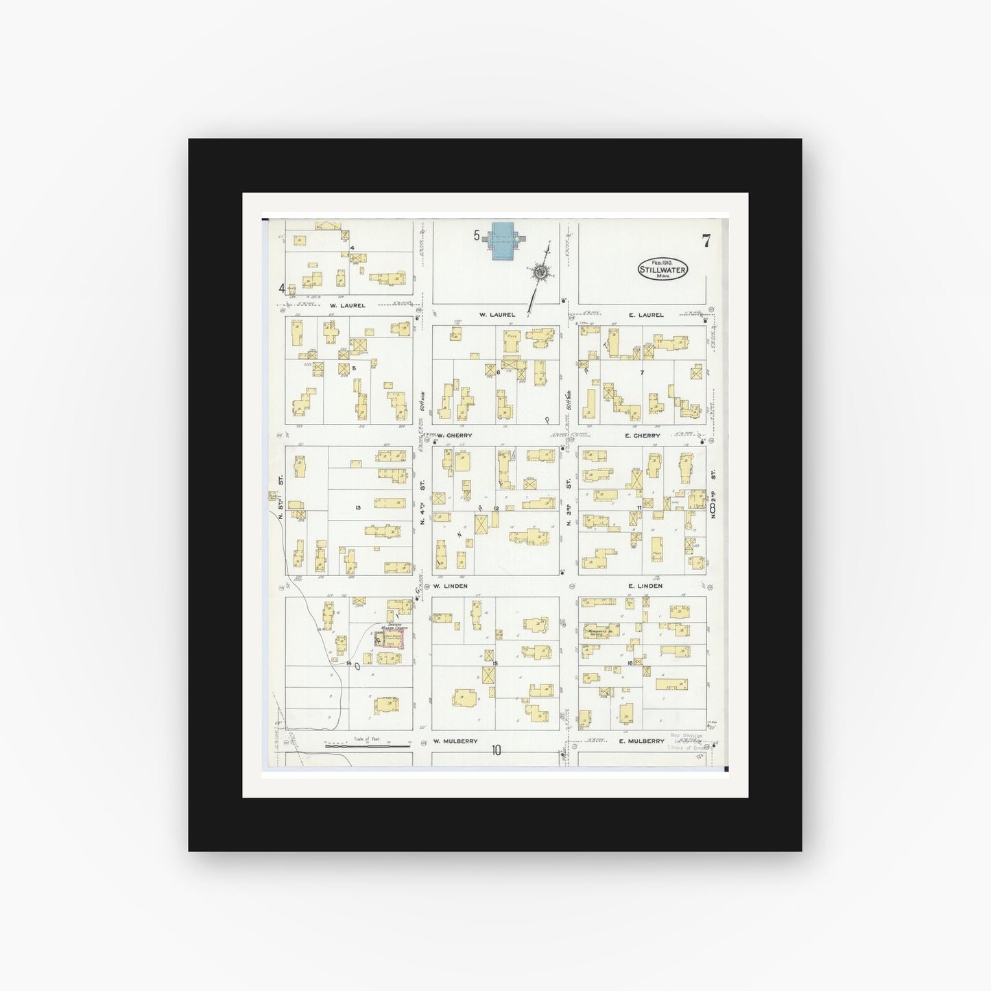 Old map wall art mockup — black gallery frame with white mat — Sanborn Fire Insurance Map from Stillwater, Washington County, Minnesota (1910), Sheet #0007