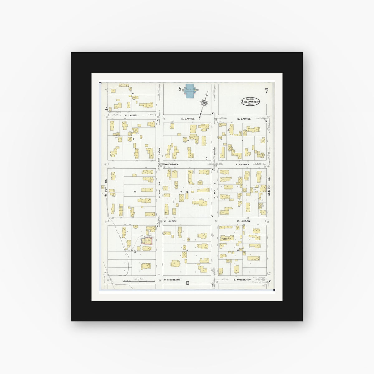 Old map wall art mockup — black gallery frame with white mat — Sanborn Fire Insurance Map from Stillwater, Washington County, Minnesota (1910), Sheet #0007