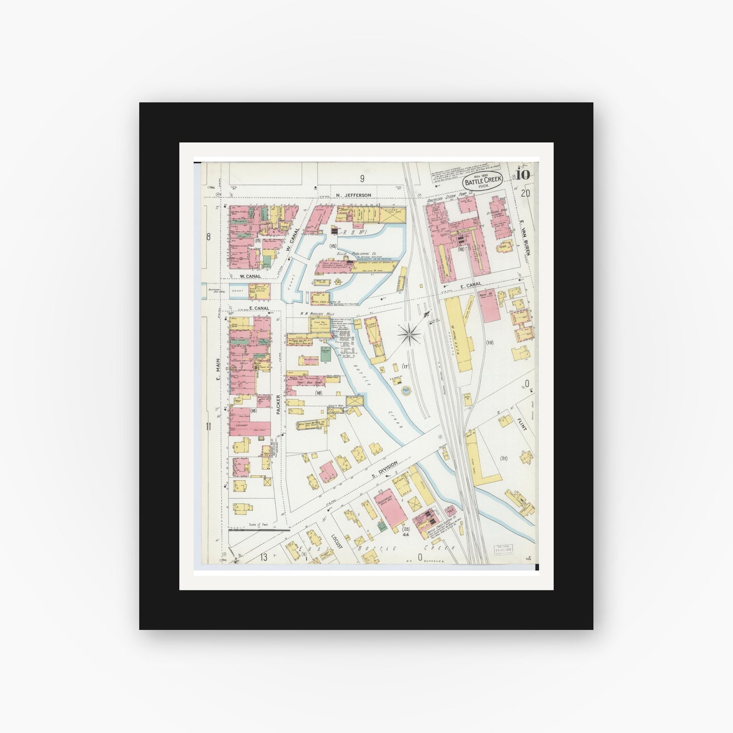 Old map wall art mockup — black gallery frame with white mat — Sanborn Fire Insurance Map from Battle Creek, Calhoun County, Michigan (1899), Sheet #0010