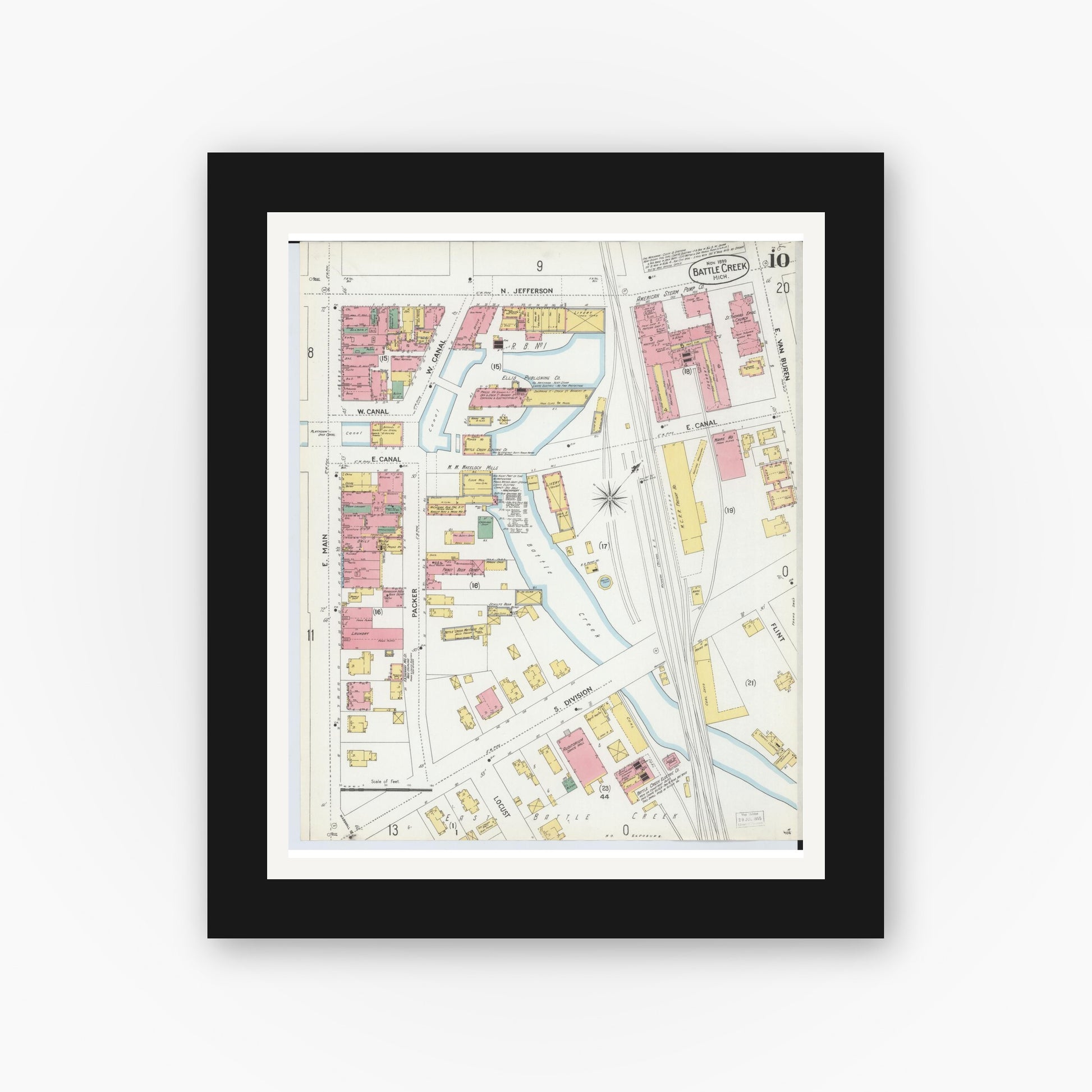 Old map wall art mockup — black gallery frame with white mat — Sanborn Fire Insurance Map from Battle Creek, Calhoun County, Michigan (1899), Sheet #0010