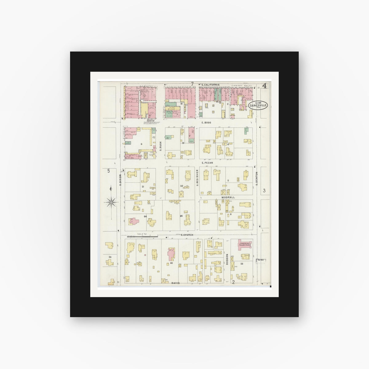 Old map wall art mockup — black gallery frame with white mat — Sanborn Fire Insurance Map from Gainesville, Cooke County, Texas (1897), Sheet #0004