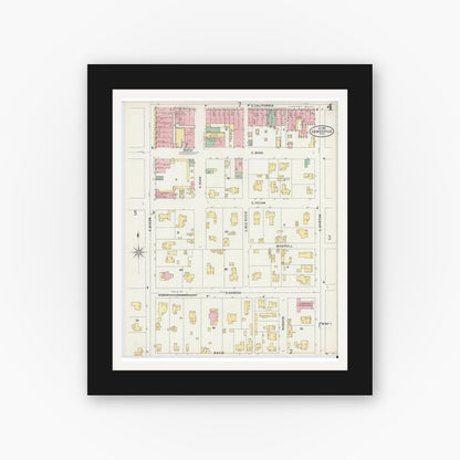 Old map wall art mockup — black gallery frame with white mat — Sanborn Fire Insurance Map from Gainesville, Cooke County, Texas (1897), Sheet #0004