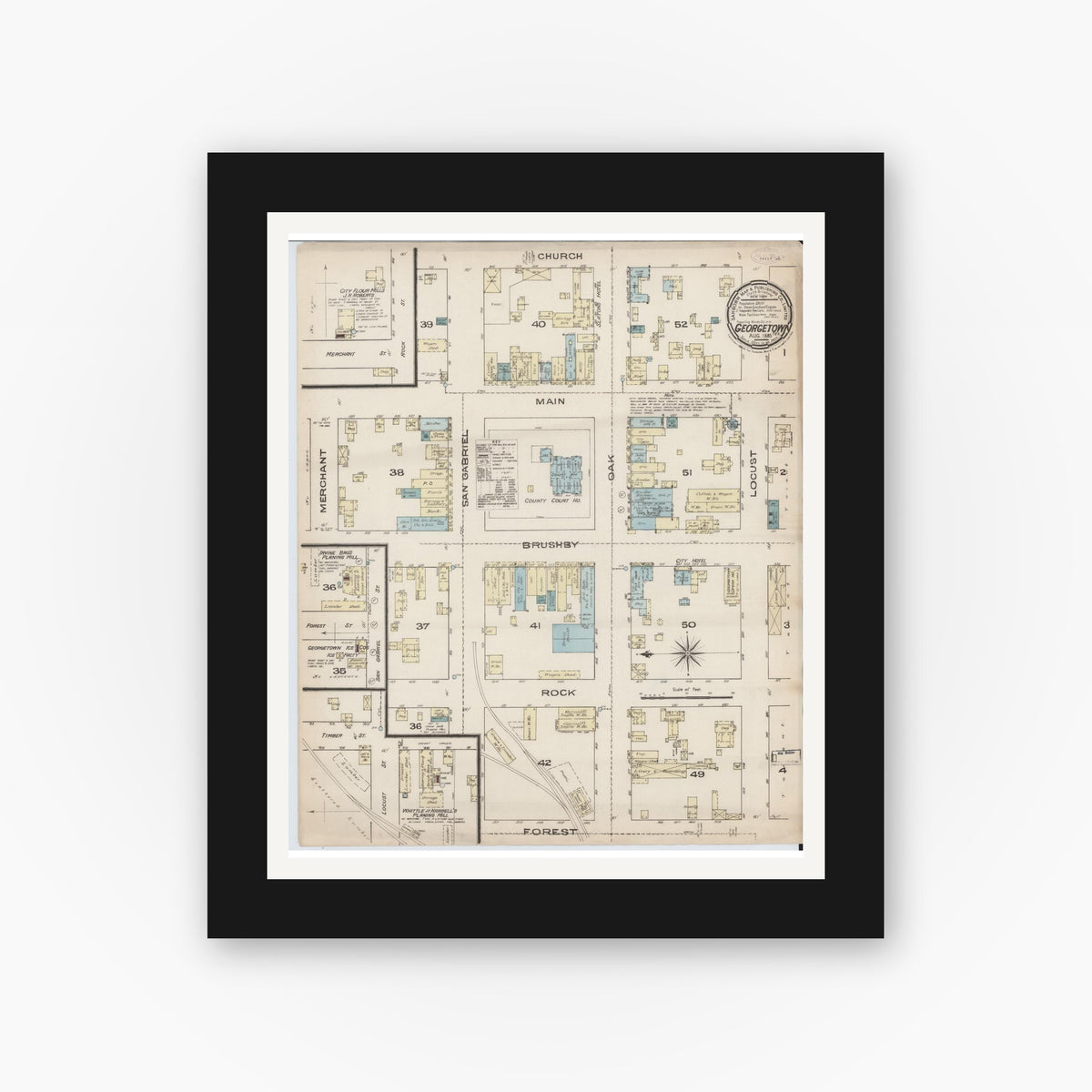 Old map wall art mockup — black gallery frame with white mat — Sanborn Fire Insurance Map from Georgetown, Williamson County, Texas (1885), Sheet #0001