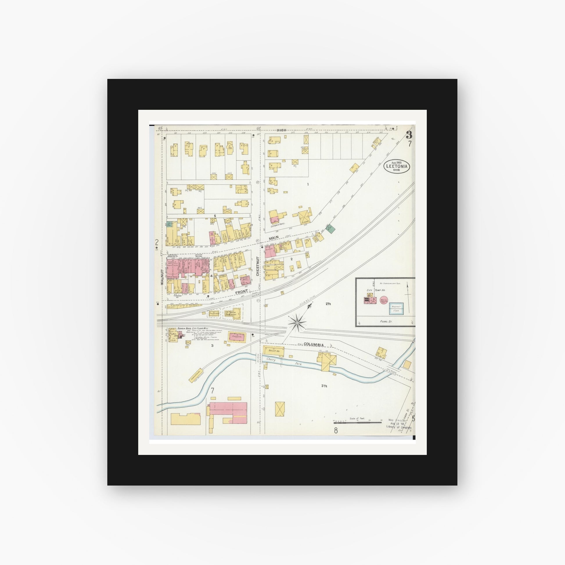 Old map wall art mockup — black gallery frame with white mat — Sanborn Fire Insurance Map from Leetonia, Columbiana County, Ohio (1903), Sheet #0003