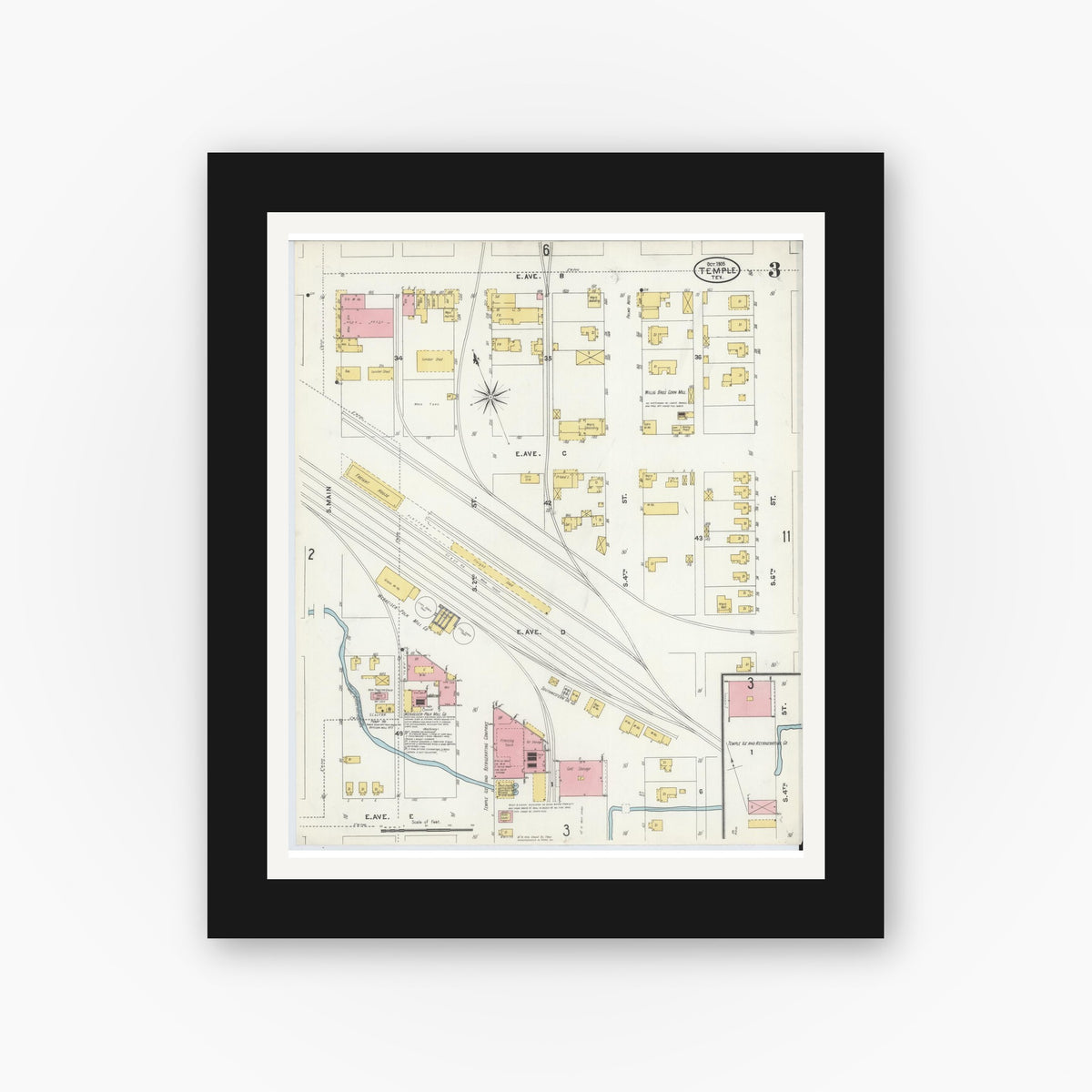 Old map wall art mockup — black gallery frame with white mat — Sanborn Fire Insurance Map from Temple, Bell County, Texas (1905), Sheet #0003