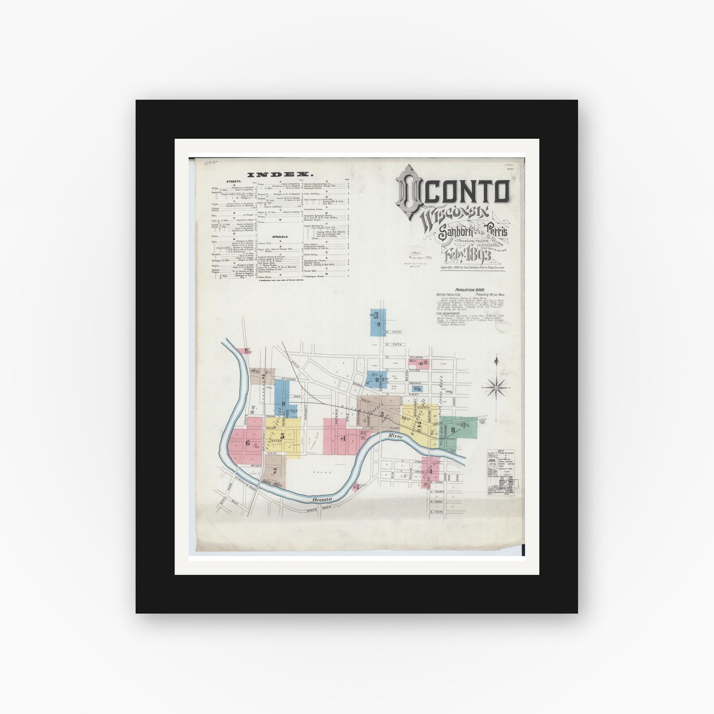 Old map wall art mockup — black gallery frame with white mat — Sanborn Fire Insurance Map from Oconto, Oconto County, Wisconsin (1893) - Complete Map Set