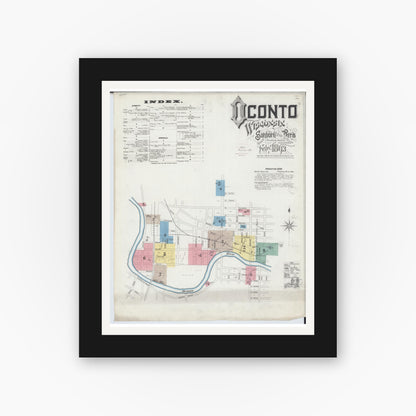 Old map wall art mockup — black gallery frame with white mat — Sanborn Fire Insurance Map from Oconto, Oconto County, Wisconsin (1893) - Complete Map Set