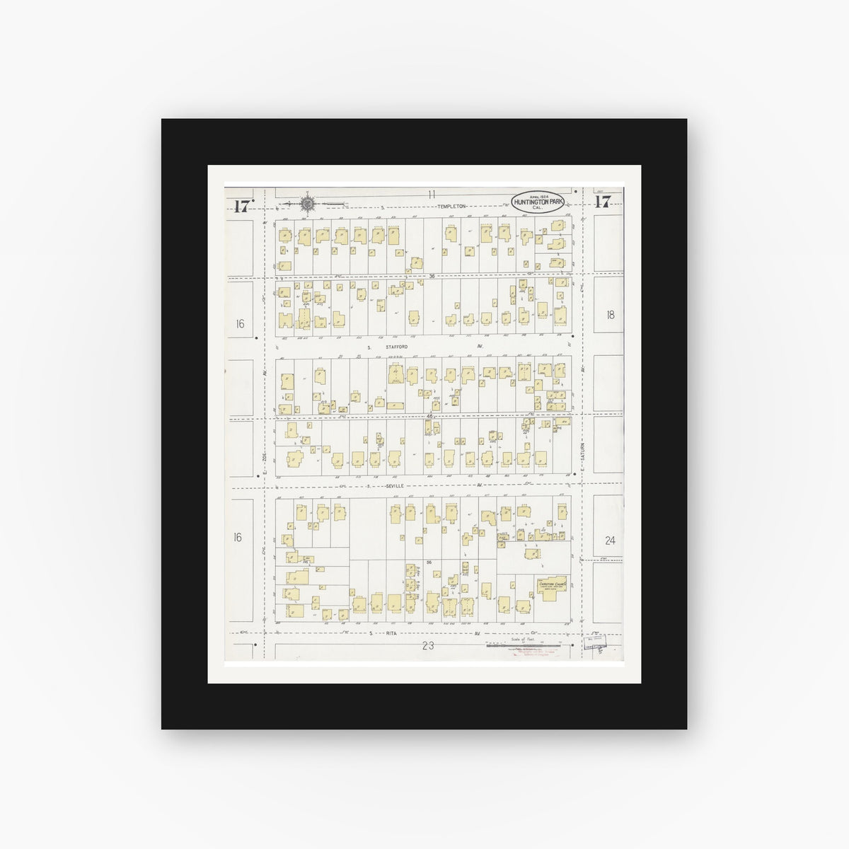 Old map wall art mockup — black gallery frame with white mat — Sanborn Fire Insurance Map from Huntington Park, Los Angeles County, California (1924), Sheet #0017