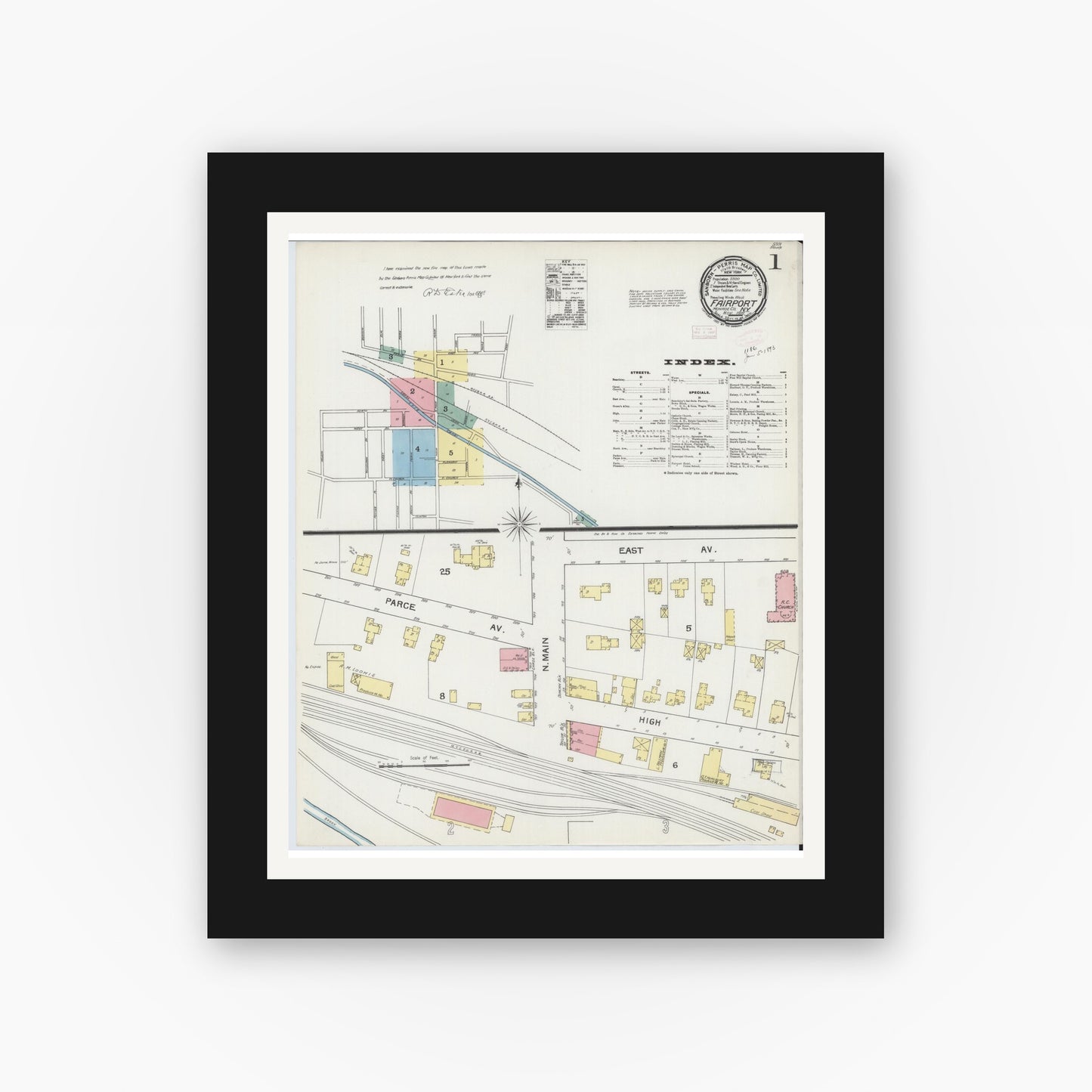 Old map wall art mockup — black gallery frame with white mat — Sanborn Fire Insurance Map from Fairport, Monroe County, New York (1892) - Complete Map Set