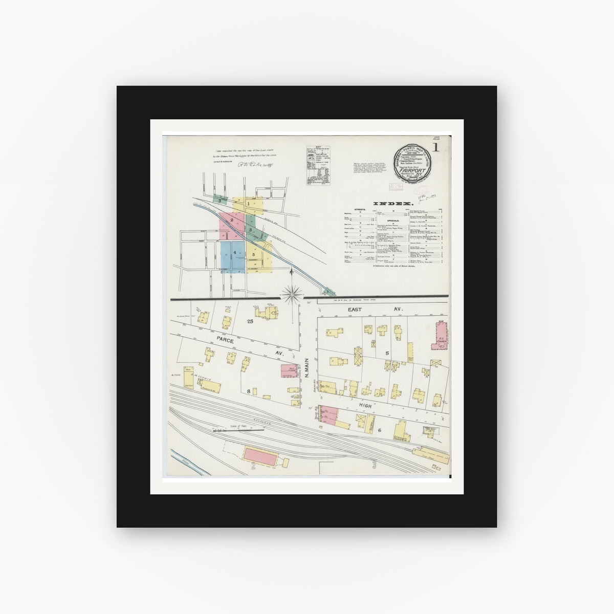 Old map wall art mockup — black gallery frame with white mat — Sanborn Fire Insurance Map from Fairport, Monroe County, New York (1892) - Complete Map Set