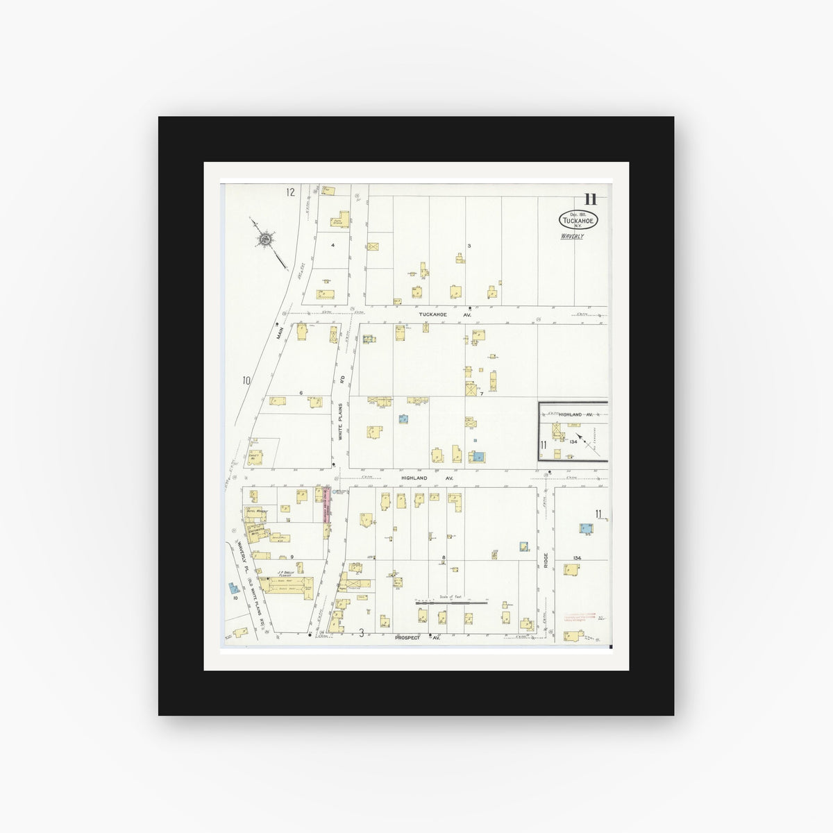 Old map wall art mockup — black gallery frame with white mat — Sanborn Fire Insurance Map from Tuckahoe, Westchester County, New York (1911), Sheet #0011