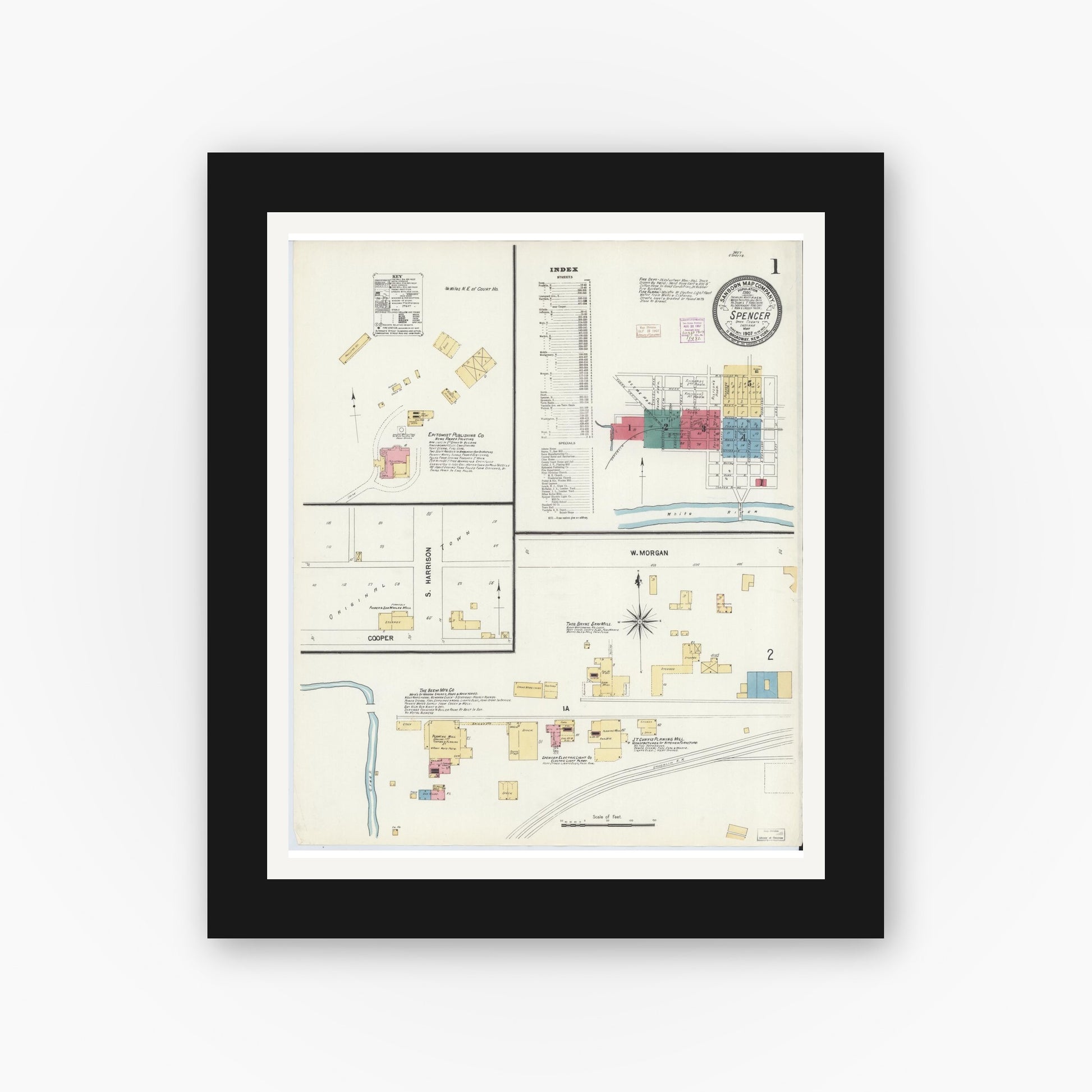 Old map wall art mockup — black gallery frame with white mat — Sanborn Fire Insurance Map from Spencer, Owen County, Indiana (1907), Sheet #0001
