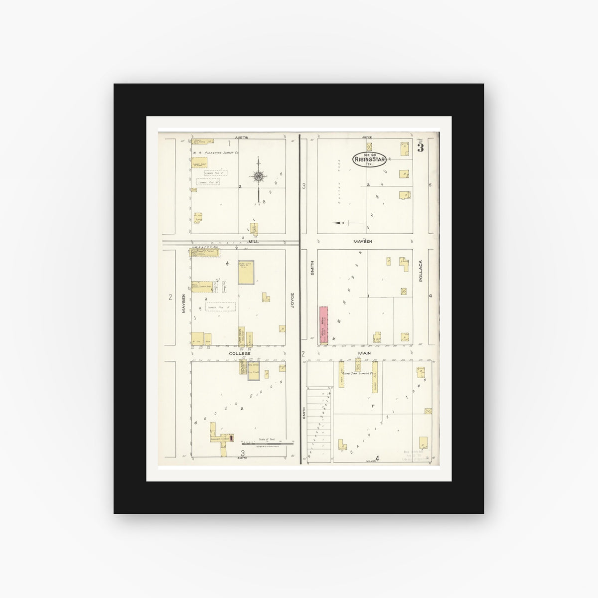 Old map wall art mockup — black gallery frame with white mat — Sanborn Fire Insurance Map from Rising Star, Eastland County, Texas (1921), Sheet #0003