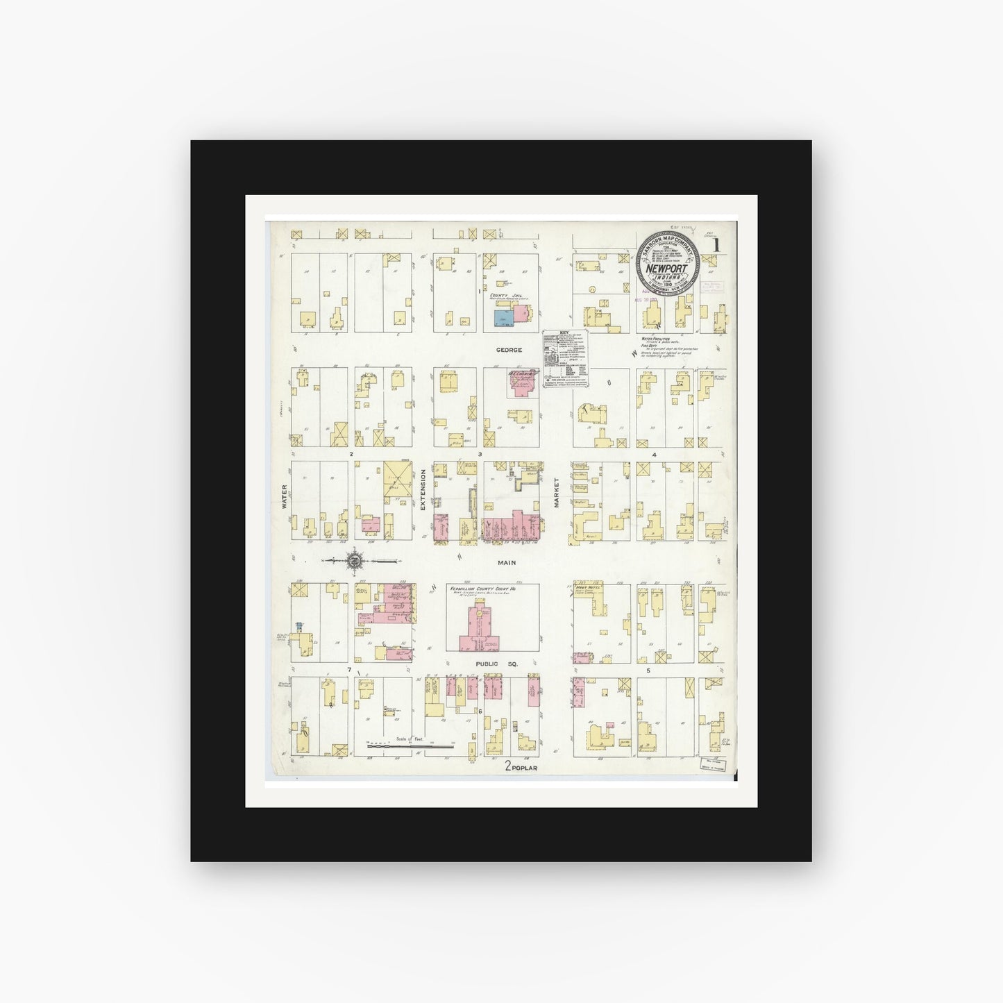 Old map wall art mockup — black gallery frame with white mat — Sanborn Fire Insurance Map from Newport, Vermillion County, Indiana (1910) - Complete Map Set