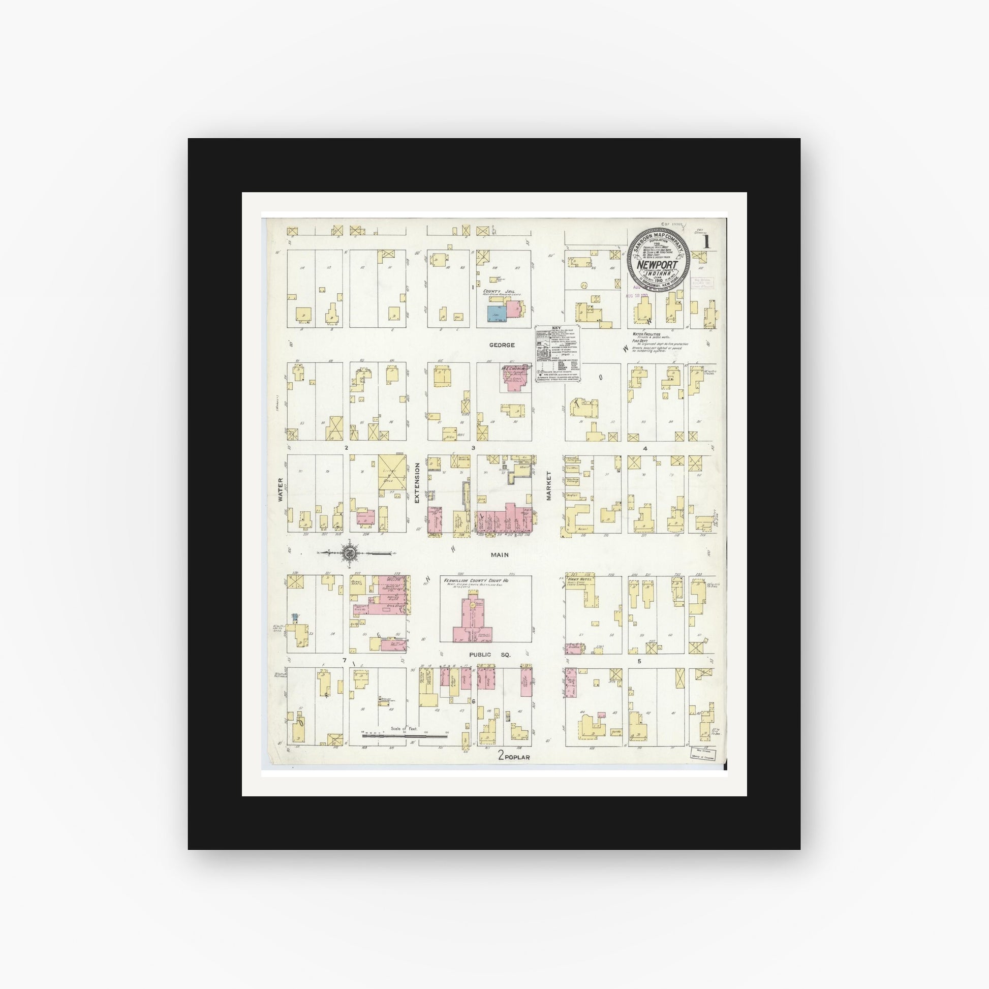 Old map wall art mockup — black gallery frame with white mat — Sanborn Fire Insurance Map from Newport, Vermillion County, Indiana (1910) - Complete Map Set