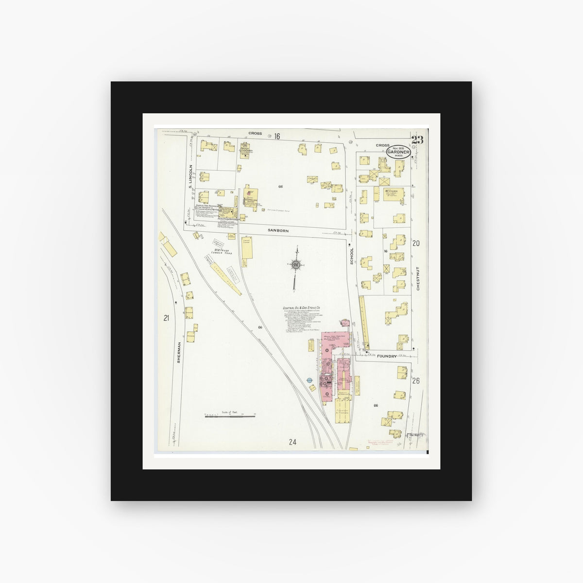 Old map wall art mockup — black gallery frame with white mat — Sanborn Fire Insurance Map from Gardner, Worcester County, Massachusetts (1909), Sheet #0023