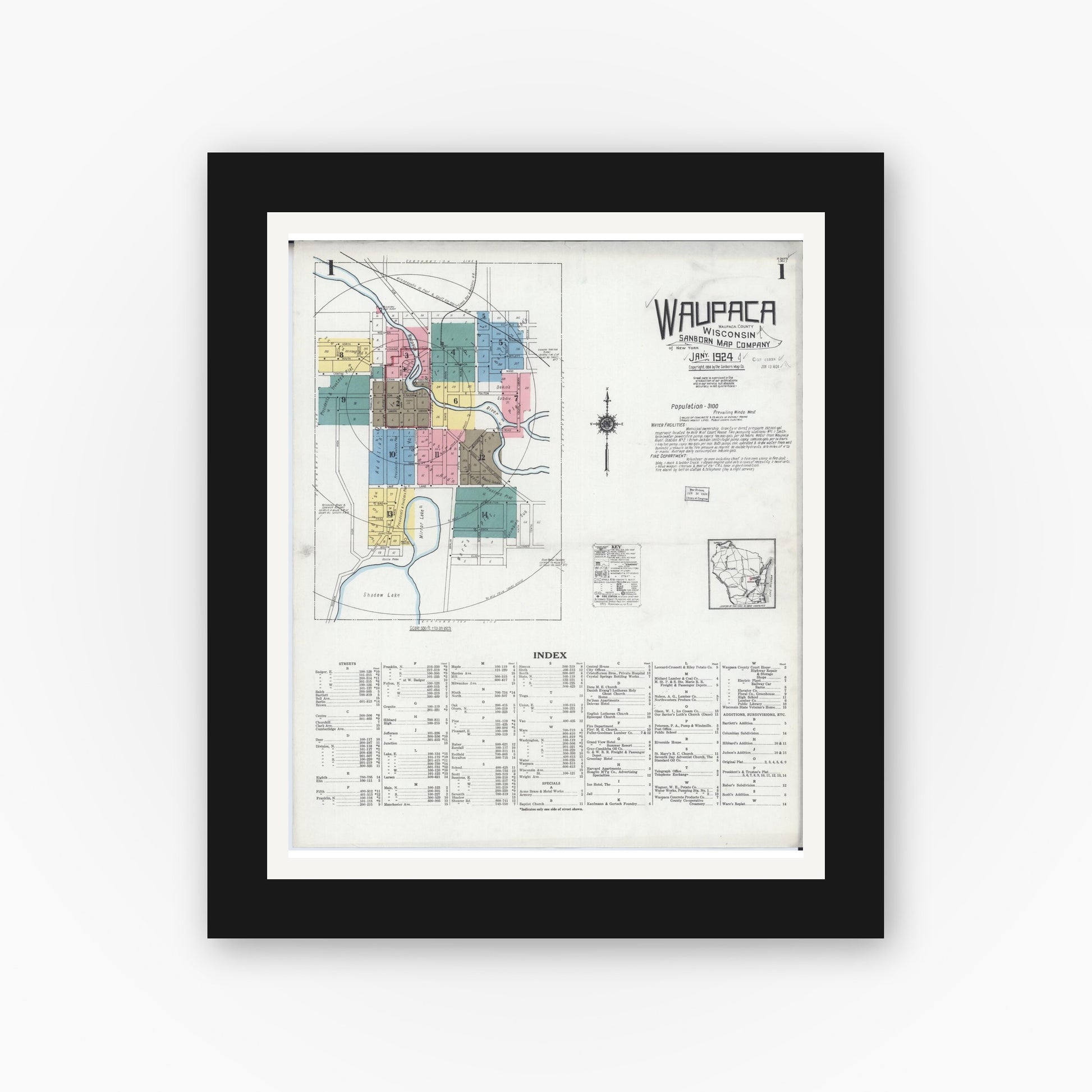 Old map wall art mockup — black gallery frame with white mat — Sanborn Fire Insurance Map from Waupaca, Waupaca County, Wisconsin (1924), Sheet #0001