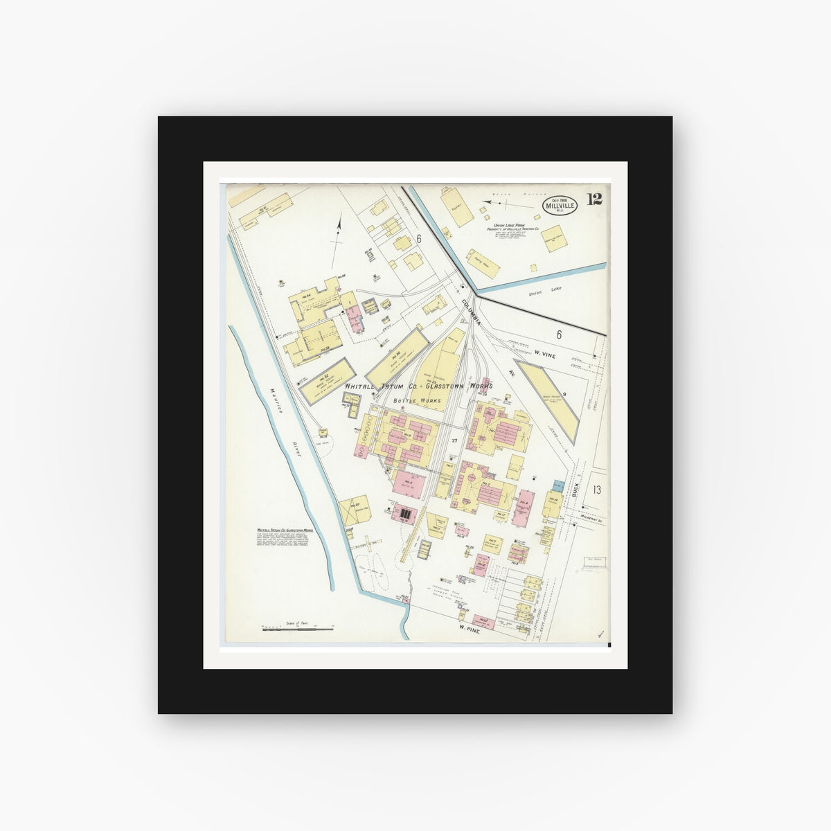 Old map wall art mockup — black gallery frame with white mat — Sanborn Fire Insurance Map from Millville, Cumberland County, New Jersey (1908), Sheet #0012