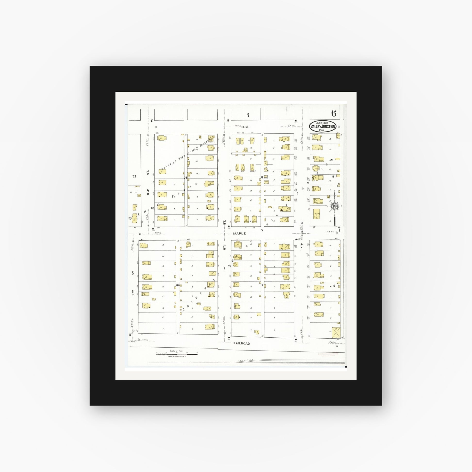 Old map wall art mockup — black gallery frame with white mat — Sanborn Fire Insurance Map from Valley Junction, Polk County, Iowa (1920), Sheet #0006